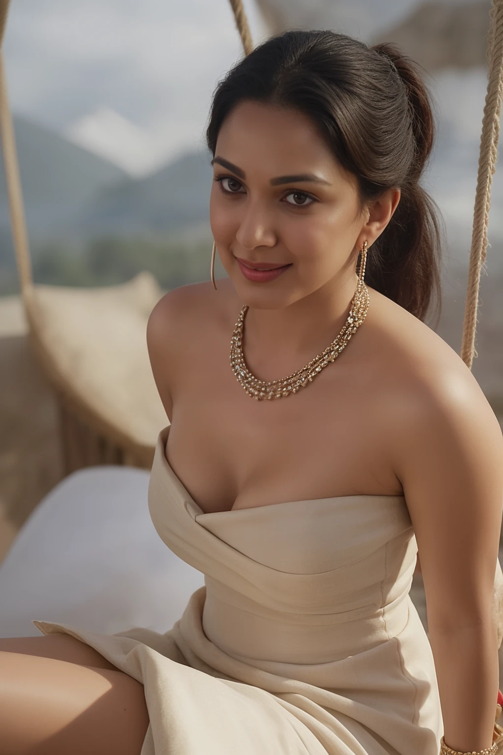 Day scene, low angle shot of close up photo of indian, sexy navel, hanging in swing chair on Mount Everest, off shoulder strapless cowl neck dress, deep cut neckline, perfect figure, swooping breasts, deep cleavage, ponytail hair, necklace, look at viewer and smile, (cinematic:1.3), intricate details, (ArtStation:1.2)