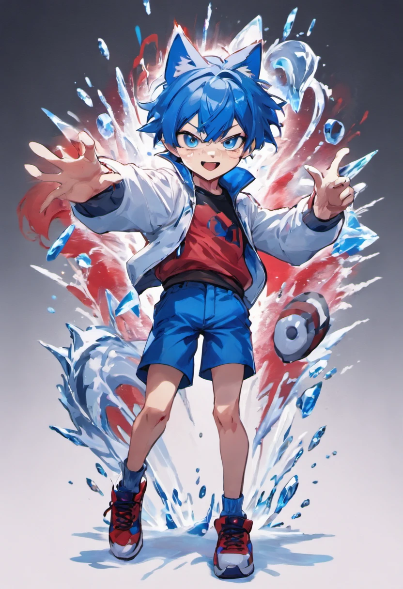 1Boy, ( apearence), blue hair, short hair, blue Fox ears, blue fox tail, white jacket, blue shirt, black shorts, red sneakers, full body, standing, (happy smile), ice power, gacha card background, shounen pose, blue eyes