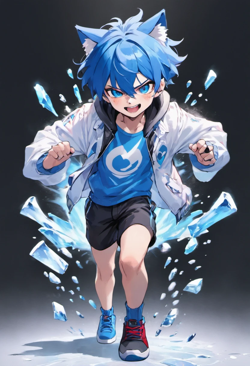 1Boy, ( apearence), blue hair, short hair, blue Fox ears, blue fox tail, white jacket, blue shirt, black shorts, red sneakers, full body, standing, (happy smile), ice power, gacha card background, shounen pose, blue eyes