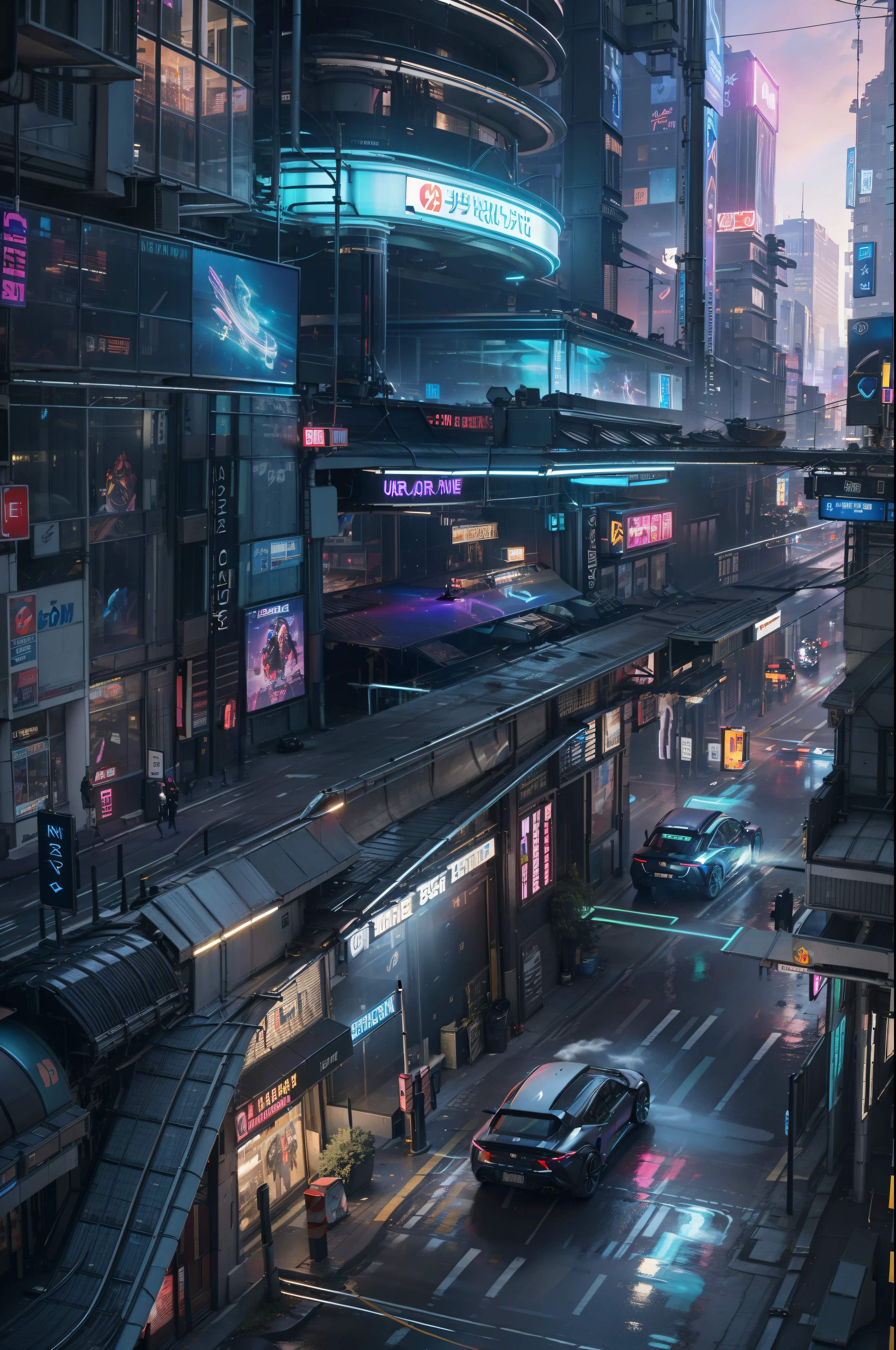 The metropolis of the future, Machines patrol the streets. They are equipped with advanced technology and stylish design. The cityscape is full of futuristic skyscrapers, flying cars, and neon. The machine moves precisely and efficiently, Their metal bodies reflect the bright colors of the city. The building is made of glass and steel, Give a modern and stylish aesthetic. Clean street,well maintained, Holographic billboard with display ads. The machine has glowing eyes, Emits intense blue light. Their movements are smooth and elegant, As they walk through the bustling crowd. The city is shrouded in coolness, Futuristic color palette, with shades of blues, purple, Neon green dominates the scene. The lighting is dramatic, Bright spotlights illuminate the streets,Cast a long shadow. Overall image quality is the highest, It has ultra-fine textures and sharp focus. Artwork is created using a combination of digital rendering and photography, Produce realistic and visually stunning cityscapes.