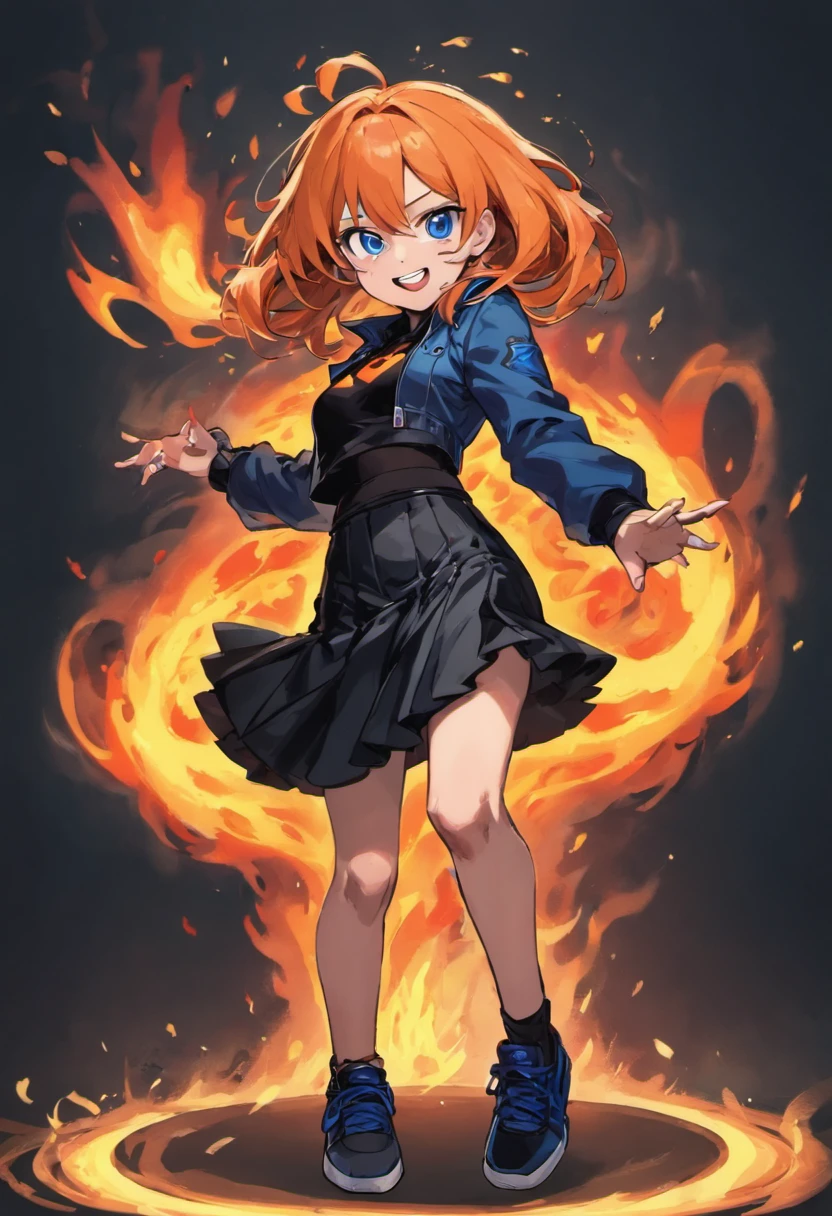 1girl, ( apearence), orange hair, long hair, blue cropped jacket, black shirt, black skirt, red sneakers, full body, standing, (happy smile), fire power, gacha card background, shounen pose, blue eyes, hair between eyes, black kneeighs, medium breasts