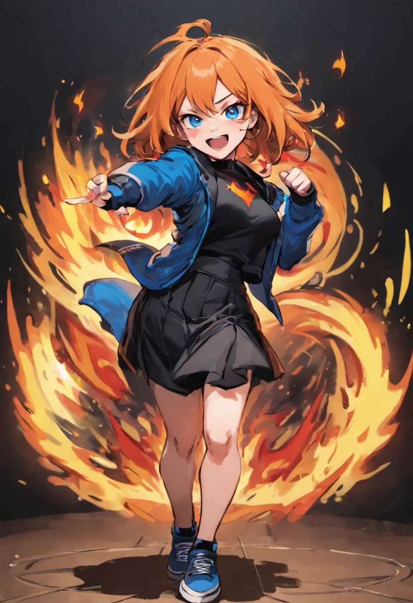 1girl, (16 years old apearence), orange hair, long hair, blue cropped jacket, black shirt, black skirt, red sneakers, full body, standing, (happy smile), fire power, gacha card background, shounen pose, blue eyes, hair between eyes, black kneeighs, medium breasts