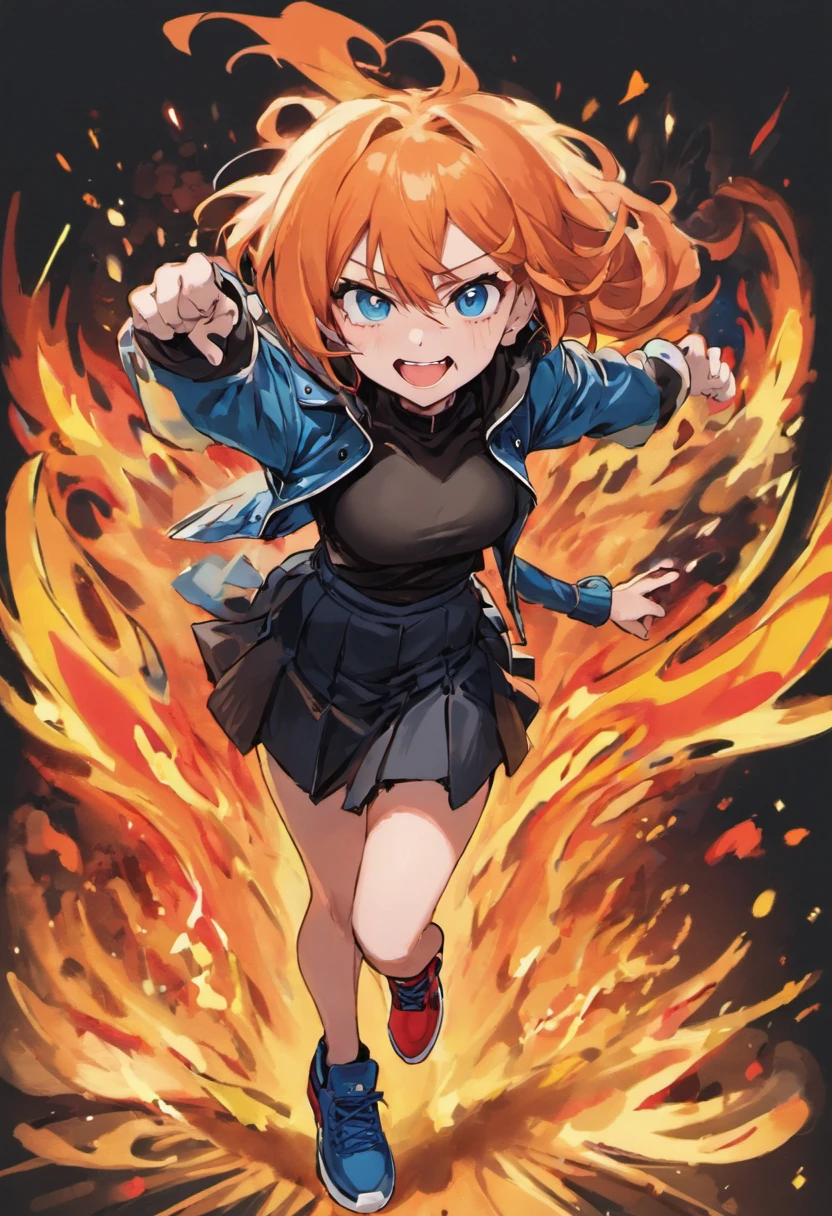 1girl, ( apearence), orange hair, long hair, blue cropped jacket, black shirt, black skirt, red sneakers, full body, standing, (happy smile), fire power, gacha card background, shounen pose, blue eyes, hair between eyes, black kneeighs, medium breasts