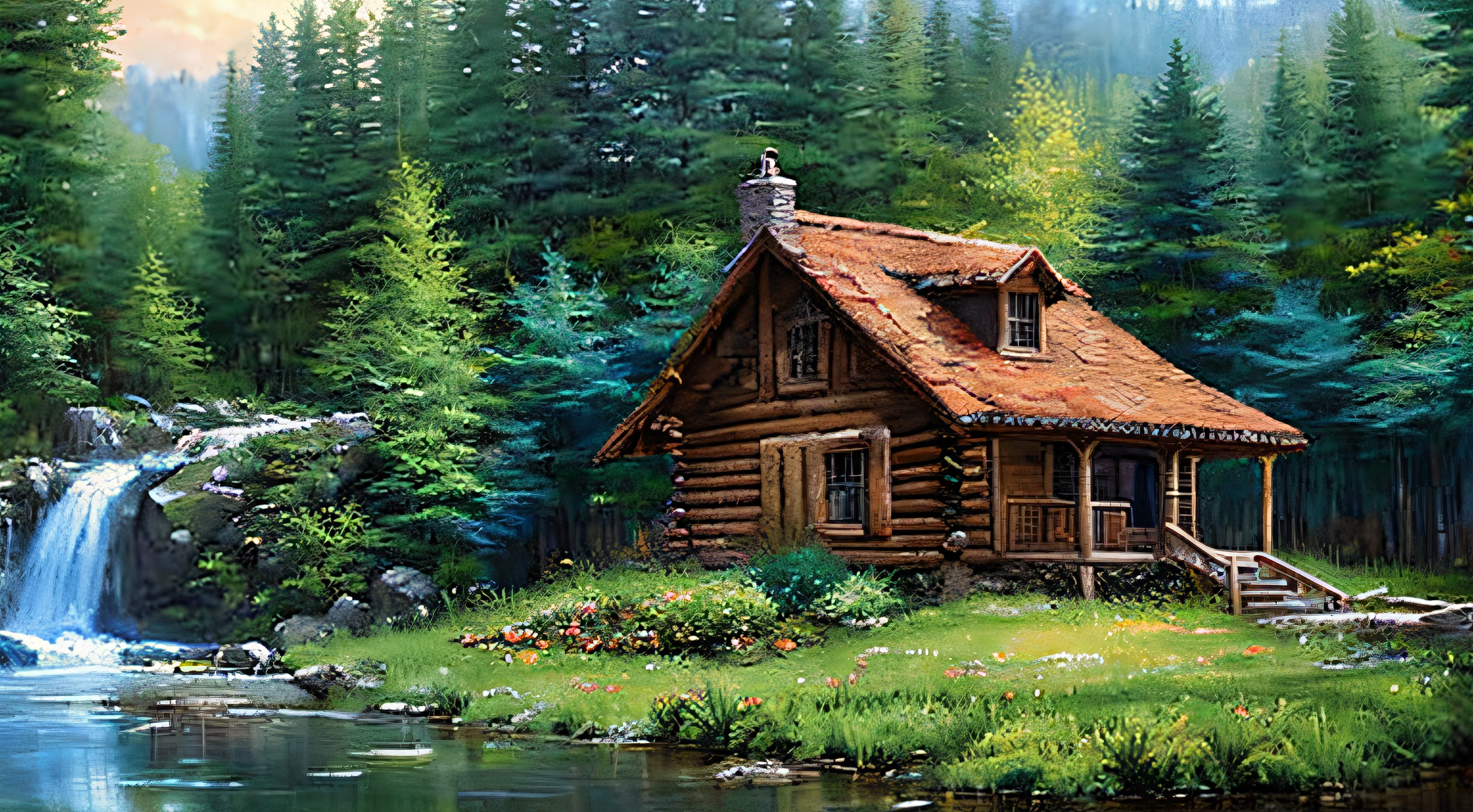 painting of a cabin in a mountain stream with a waterfall, children play around cabin, 4 k oil painting, beautiful oil matte painting, oil painting 4 k, oil painting 4k, cottage in the forest, beautiful oil painting on canvas, beautiful digital painting, smooth oil painting, beautiful art uhd 4 k, 8 k hd detailed oil painting, oil digital painting, Inspired by Thomas Kinkade.