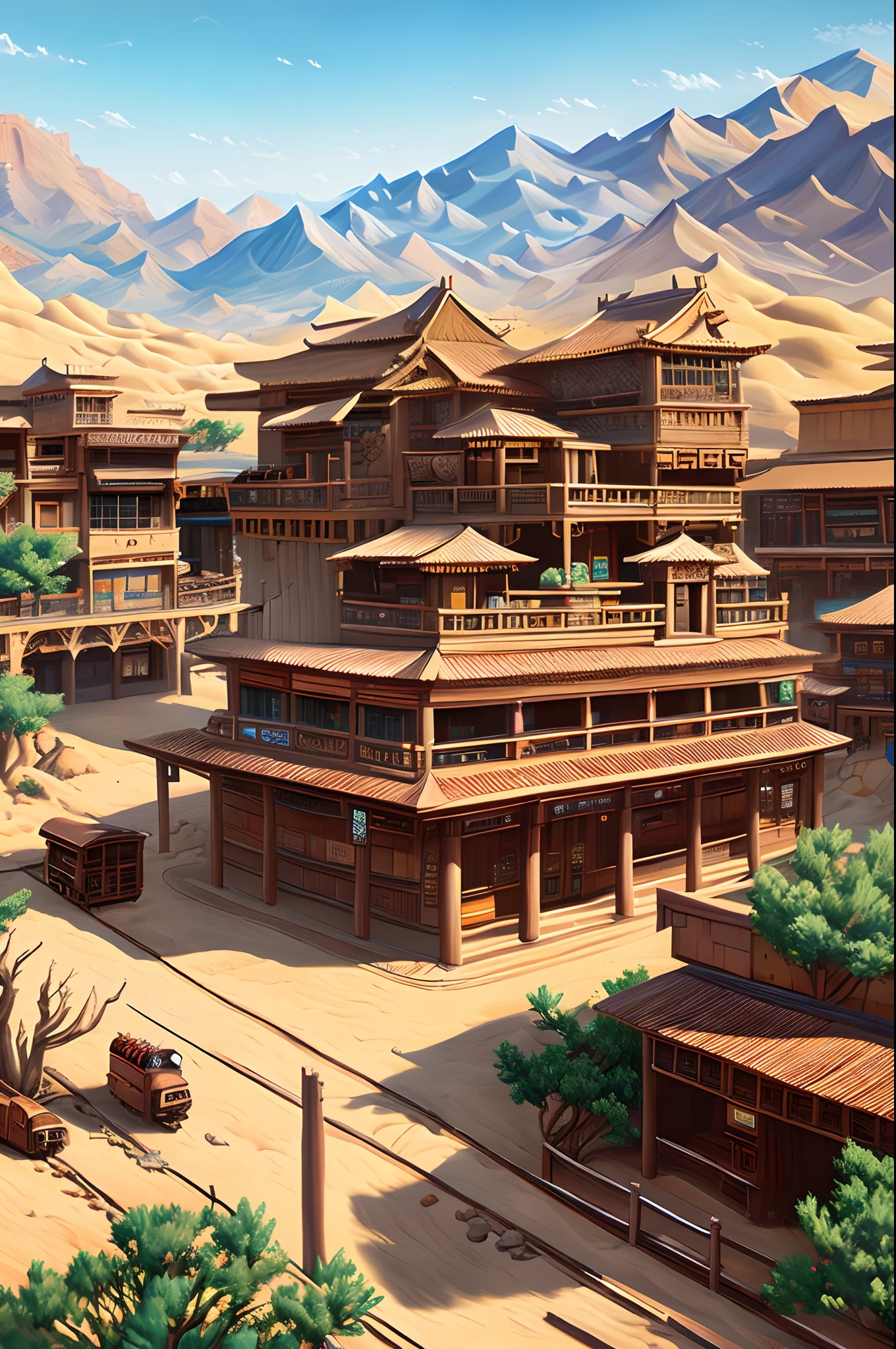 A painting of a train driving through a town in the desert, highly detailed illustration, concept art highly detailed, overly detailed art, multi-dimensional cozy tavern,highly detailed fantasy art, highly detailed and colorful, detailed game art illustration, fantastic Chinese town, highly detailed digital artwork, highly detailed 4K art, by Li Zai