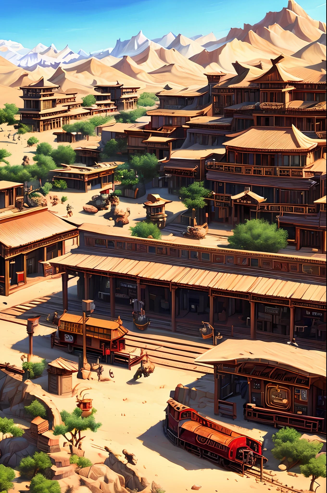 A painting of a train driving through a town in the desert, highly detailed illustration, concept art highly detailed, overly detailed art, multi-dimensional cozy tavern,highly detailed fantasy art, highly detailed and colorful, detailed game art illustration, fantastic Chinese town, highly detailed digital artwork, highly detailed 4K art, by Li Zai