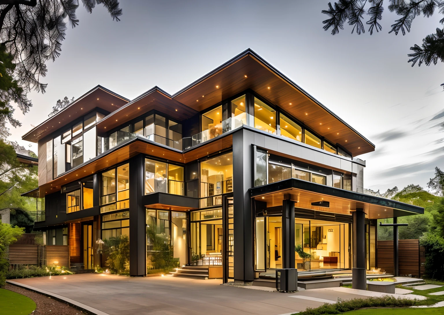 Bauhaus style house, glass house with a sloping roof, modern, dynamic (RAW photo, real, best quality, masterpiece:1.2), (hyper realistic, photo-realistic:1.2), high quality, (dark lighting:1.2), perfect lighting, archdaily