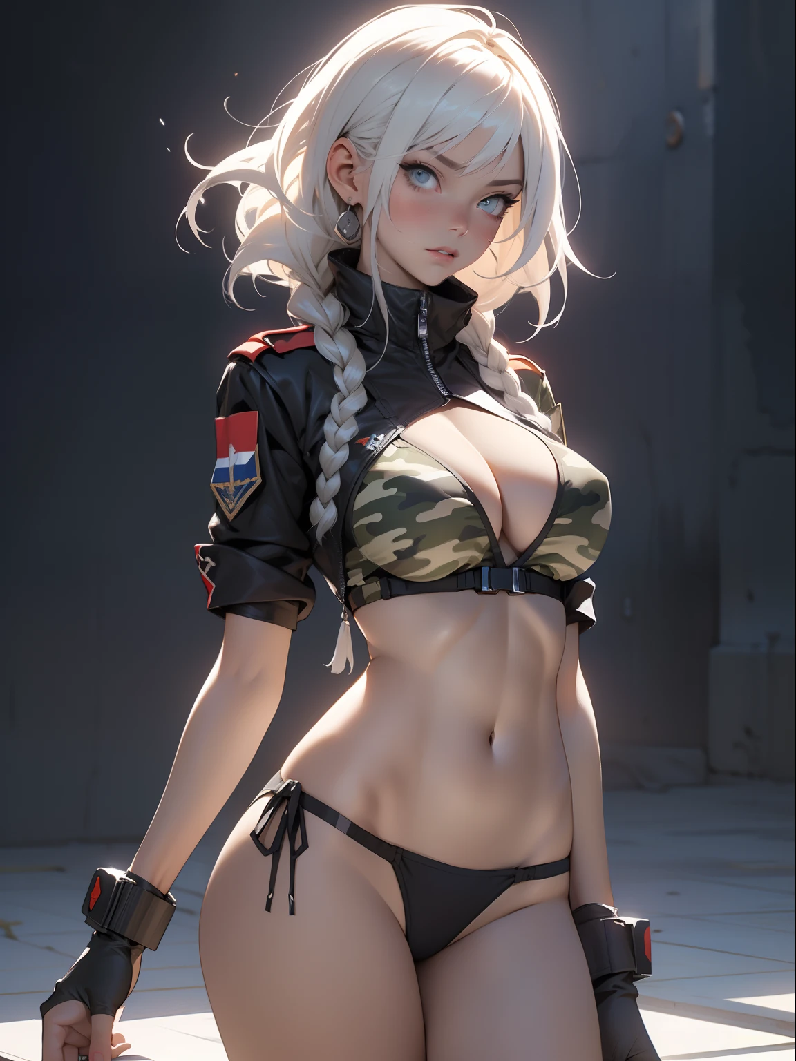 ((Best quality)), ((Masterpiece)), (Detailed: 1.4), (Absurde), A female fighter pilot ready for war in a military bikini, marin, dark skinned, Sculpted body defined, corps entier, Cuisses nues, mouth closed, Cyberpunk, half-naked, generous neckline, ((Perfect huge breasts)), (Yeux bleu clair super clairs sans pupilles), (((Bikini camouflage militaire)), (((cheveux blancs avec tresse)))), longs cils maquillage lourd, porte-jarretelles, jumeler beaucoup, niji --V5, close to real, psychopathe, visage parfait, sexy pose, Background with a giant Evangelion head, 2 piece clothes, cake, centered, scale to suit dimensions, Hdr (High Dynamic Range),Ray Tracing, NVIDIA RTX,Super-Resolution,Unreal 5,Dispersion souterraine, PBR Texture, Post-traitement, Filtrage anisotrope, profondeur de champ, Maximum Clarity and Sharpness, Textures multicouches, Albedo and specular maps, Ombrage de surface, Accurate Simulation of Light-Material Interaction, Proportions parfaites, Rendu octane, two tone lighting, Grande ouverture, ISO faible, Balance des blancs, Rule of Thirds, 8K RAW, Crysisnanosuit Bikini, thigh gap, belles hanches, Cowboy-shot