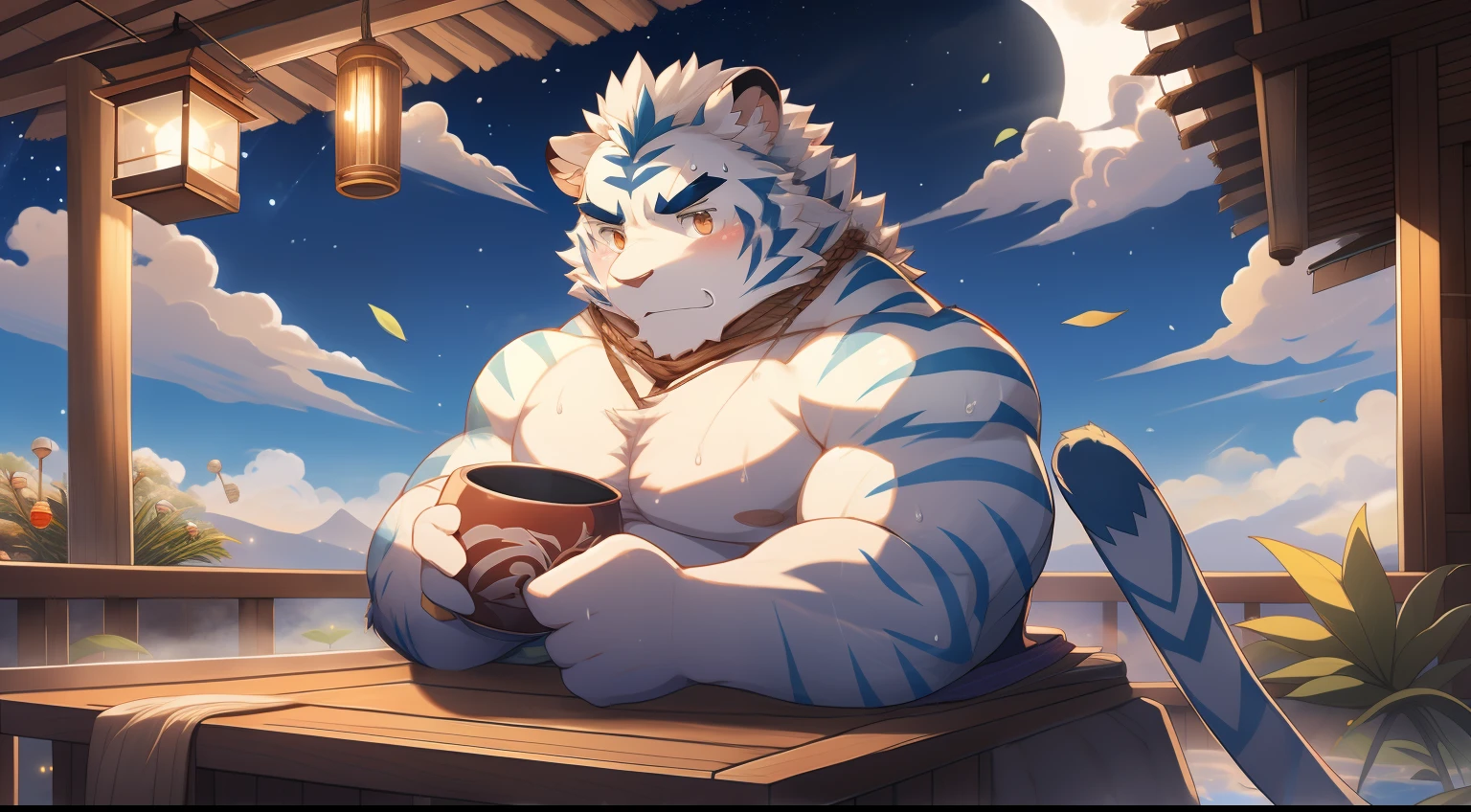 tmasterpiece，the night，Anthropomorphic white tiger，male people，26 year old，thick bushy eyebrows，Light blue-green fur，Strong body，large pecs，bare full body，Pink milk clusters，white fundoshi，medium bulge，Sit in an open-air hot spring，A cup of tea，vapour，sweat leggs，Mysterious Expression，Be red in the face，looking toward the viewer，Golden pupils，Strong，Solo，frontage，A huge full moon in the sky，Auspicious clouds，green plant，Lanterns