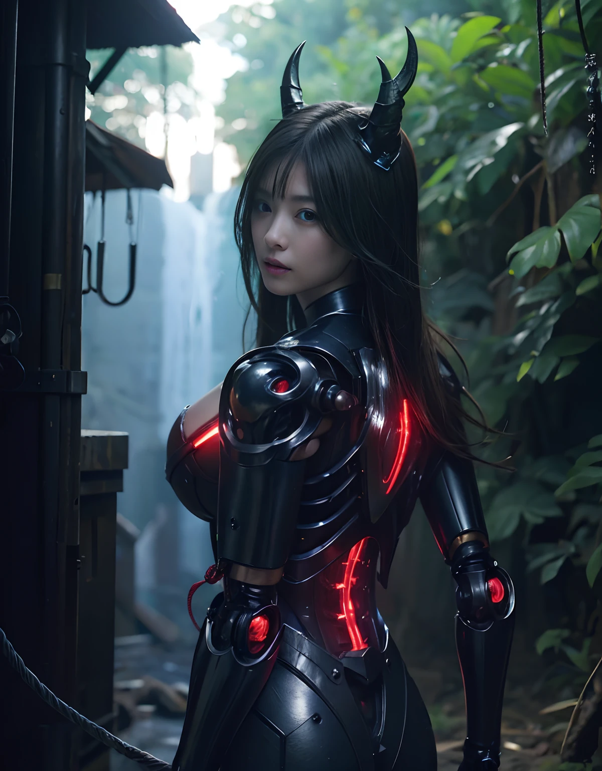(1 Mechanical Girl)、top-quality、​masterpiece、超A high resolution、(Photorealsitic:1.4)、Raw photo、女の子1人、Fight mutants、glowy skin、(((1 Mechanical Girl)))、With a beautiful knife、（Blue Metal Bodysuit）、（Fight fiercely against aliens）、Fight fiercely、(beautiful forest background)、(Fighting Demonic Beasts)、(Small LED)、((super realistic details))、portlate、(Strong giant demon beast background),globalillumination、Shadow、octan render、8K、ultrasharp、Colossal tits、Raw skin is exposed in cleavage、metals、Details of complex ornaments、Japan details、highly intricate detail、Realistic light、(Mystical expression),CGSoation Trends、Red Eyes、radiant eyes、Facing the camera、neon details、(Mechanical limbs)、(blood vessels connected to tubes)、Mechanical vertebrae attached to the back、mechanical cervical attaching to neck、(Wires and cables connecting to the head)、Gundam、Small LED、,Mechanical thighs、Toostock、（Hands are also made of machines）、（Attack of the Monster Beasts）、（Wounded in a deadly battle）、