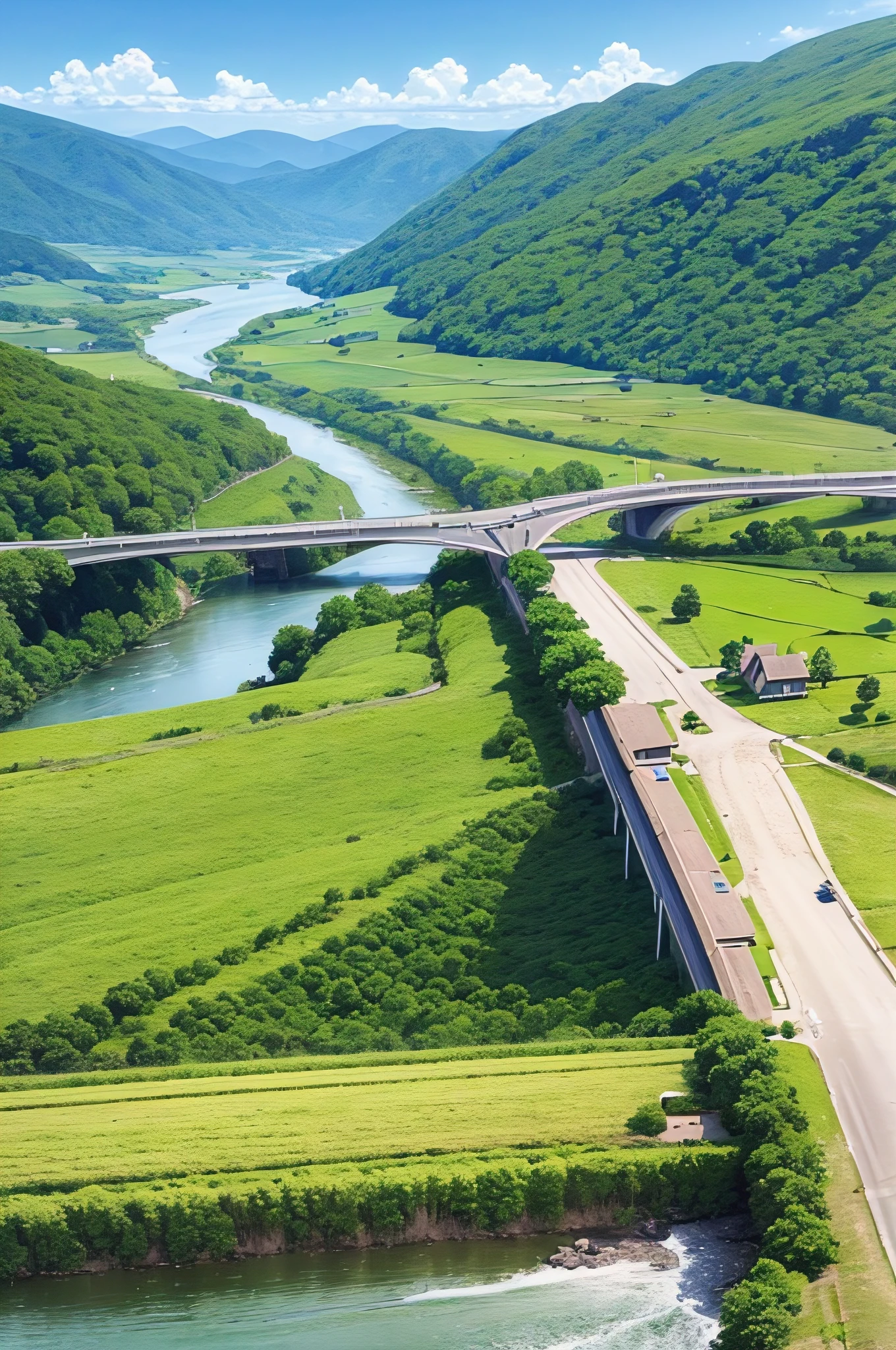 Realistic scene of a bridge over a river with green mountain on the mountains a housewith windmill in the background, countryside landscape, yuru camp, anime screencap, beautiful peace san beautiful scenery --auto