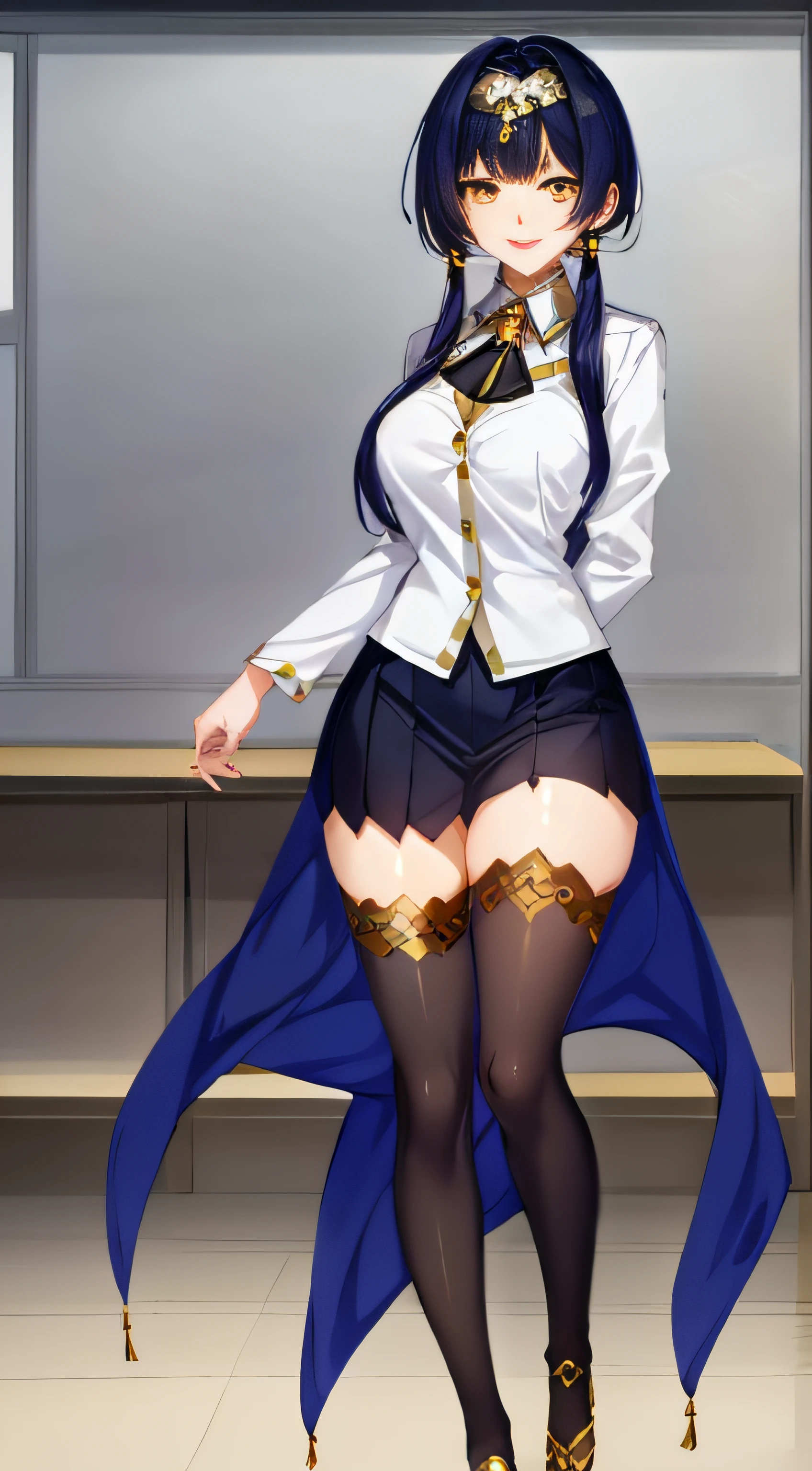 a school teacher in open uniform ,light yellow eyes,black hair, classroom,smiling, ponytail hairstyle,smartphone in hand, (bare breasts:1.1), (:1.1), skirt up, stockings, bottom view, feet masterpeace, best quality, (extremely detailed CG:1.4), highly detailed faces ,glowing colors