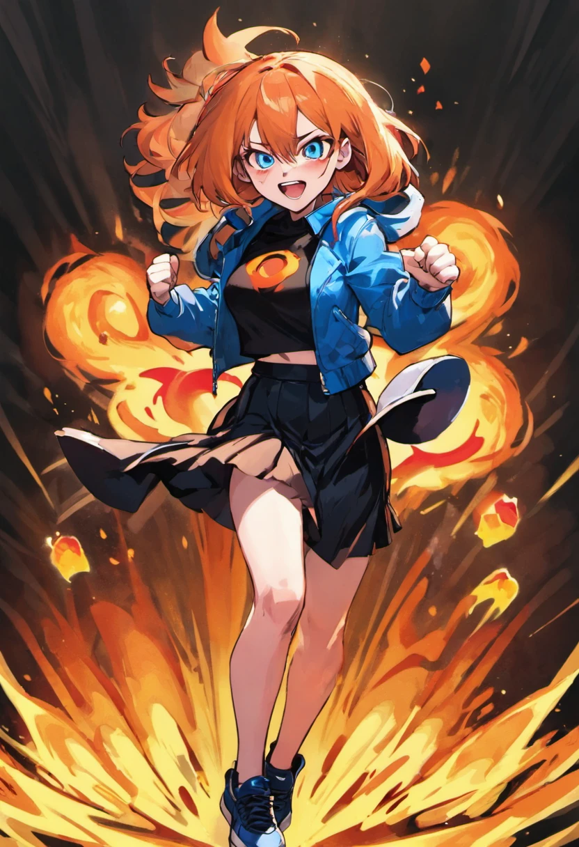 1girl, ( apearence), orange hair, long hair, blue cropped jacket, black shirt, black skirt, red sneakers, full body, standing, (happy smile), fire power, gacha card background, shounen pose, blue eyes, hair between eyes, black kneeighs, medium breasts