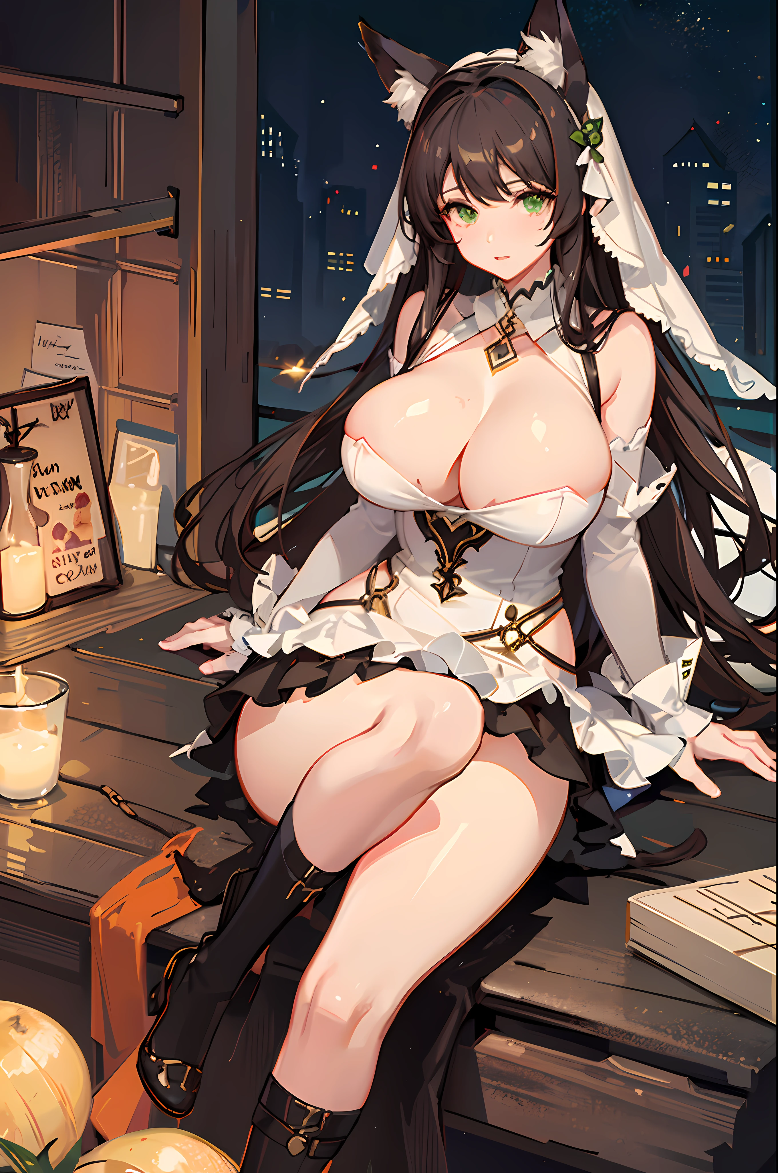 1girl, fox girl, fox ears, fox tail, dark brown hair, green eyes, sexy, mommy, thick thighs, enormous breasts, hard , sfw, dress, mature woman, enormous cleavage, maid costume,