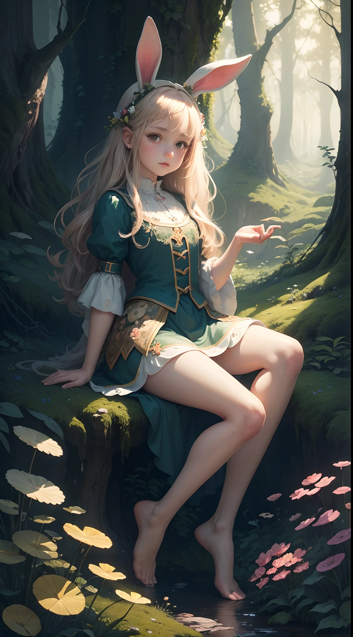 oil-painting, a cute bunny in a beautiful forest with fungus and flowers, centered image, ultra detailed illustration, posing, (tetradic colors), whimsical, enchanting, fairy tale, (ink lines:1.1), strong outlines, art by MSchiffer, bold traces, unframed, high contrast, (cel-shaded:1.1), vector, 32k resolution, best quality, flat colors, flat lights