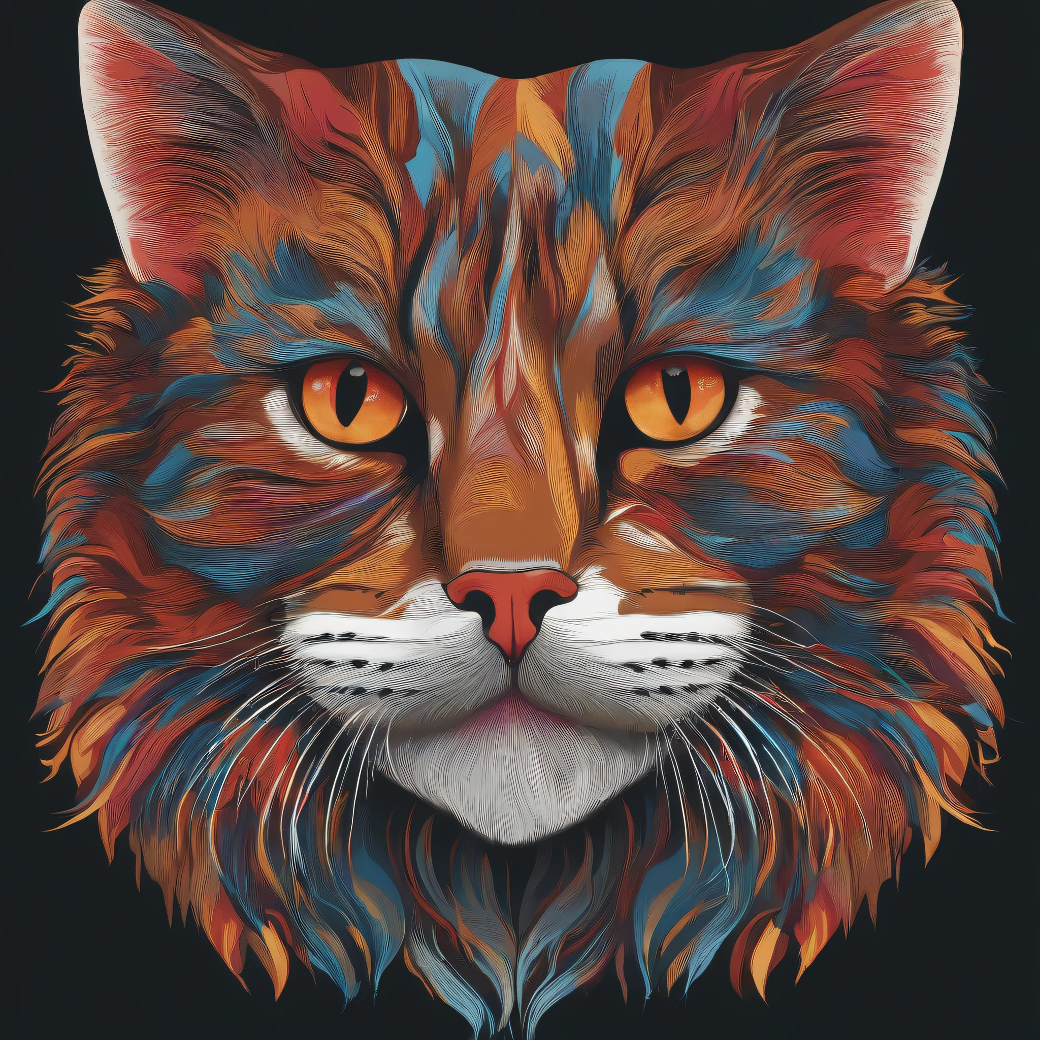 colorful, cute, cat, face, vibrant, t-shirt design, symmetrical, victor, flat design, bold vivid colors, white background, highly detailed, cute