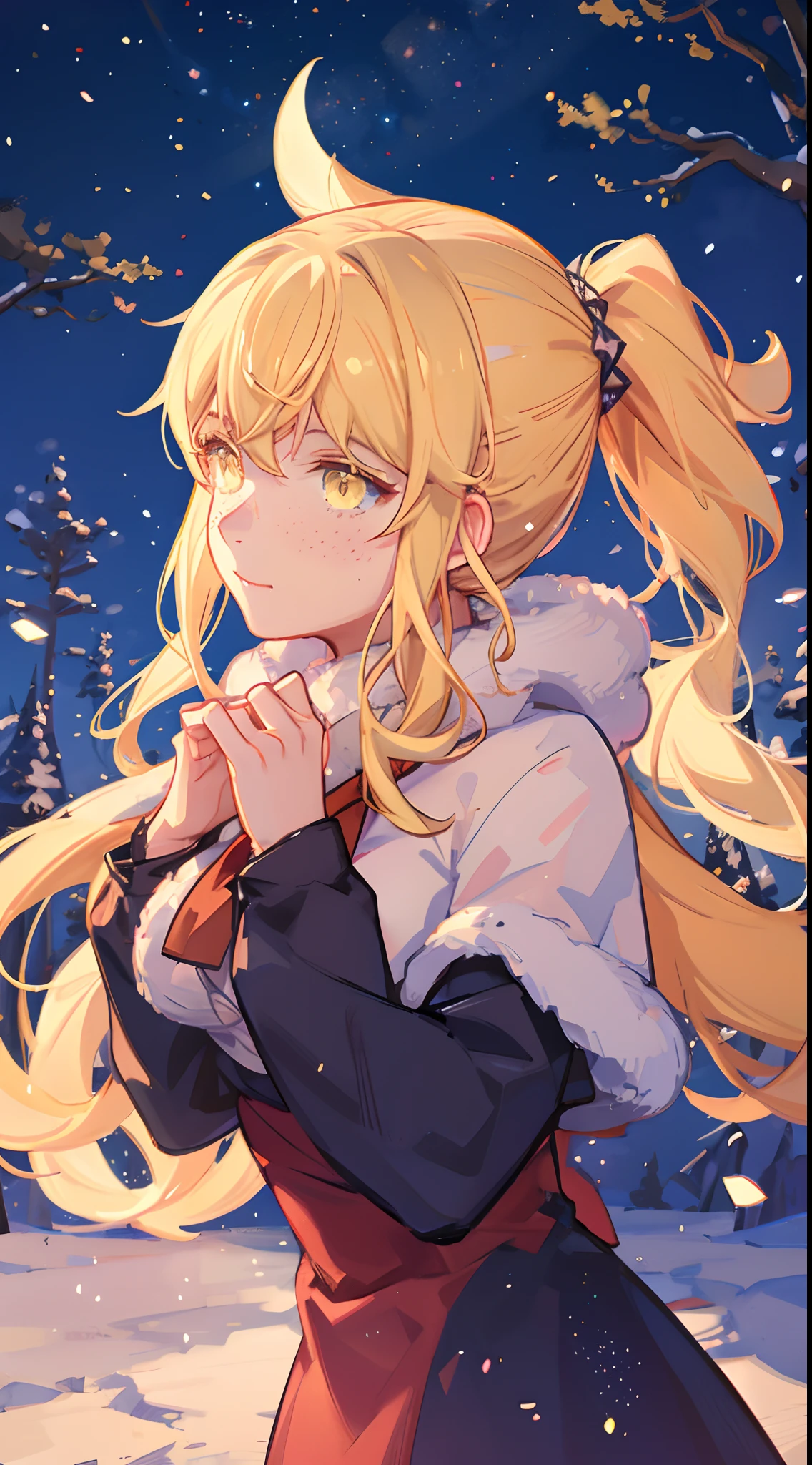 anime girl with yellow eyes looking at something, female lead character 👀 :8, close up of a young anime girl, anime girl , in the anime film, today's featured anime still, anime visual of a cute girl, Mountains, night, Young moon, Forest, golden comet, Snow, anime visual of a young woman, too, female protagonist, young anime girl, still from anime, Bald female anime character,