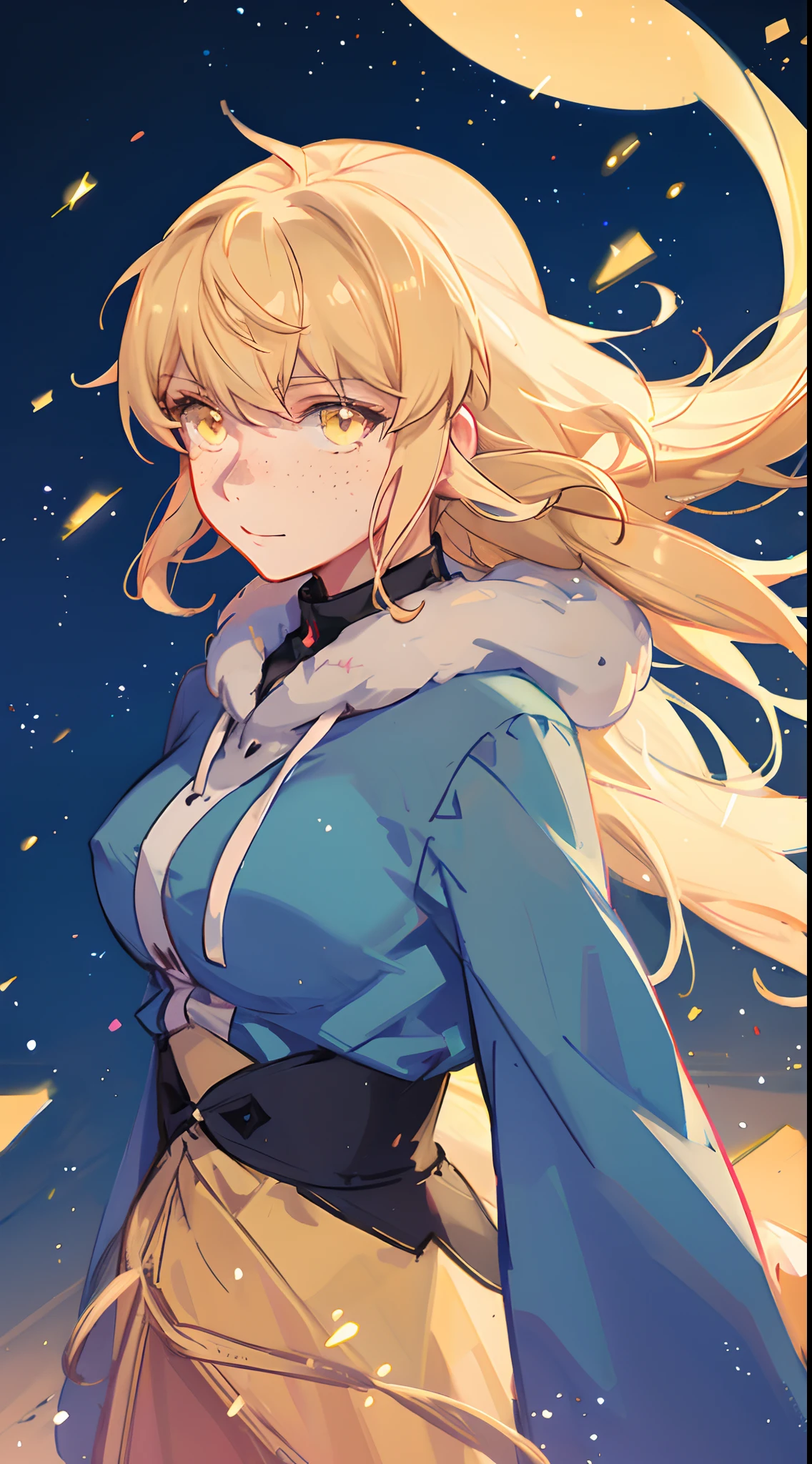 anime girl with yellow eyes looking at something, female lead character 👀 :8, close up of a young anime girl, anime girl , in the anime film, today's featured anime still, anime visual of a cute girl, Mountains, night, Young moon, Forest, golden comet, Snow, anime visual of a young woman, too, female protagonist, young anime girl, still from anime, Bald female anime character,