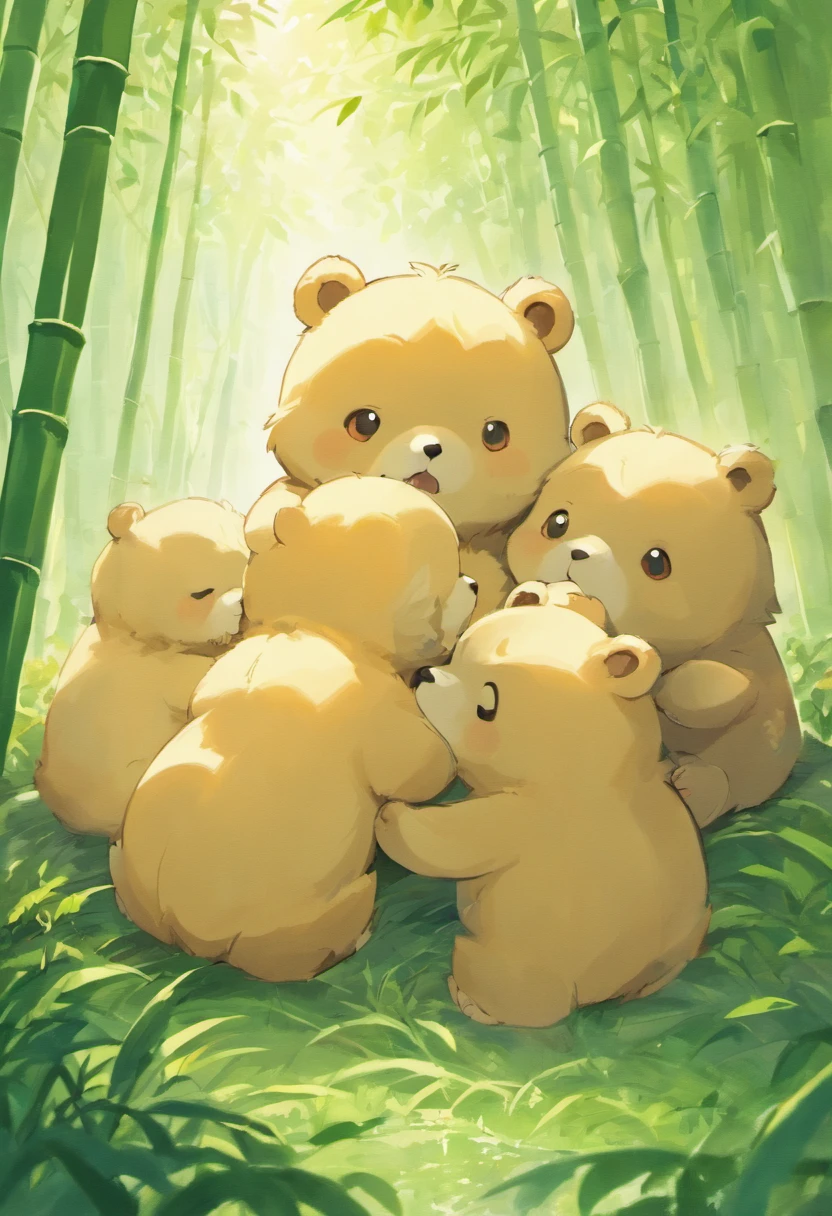five adorable fluffy bear cubs、Playfully roll together in a sunny bamboo forest glade, warm lighting filtering through the leaves,. Detailed for texturing, Peaceful natural mood, Gentle lighting. Traditional watercolor style.  ●AR4:5 - s 400 - 虹5