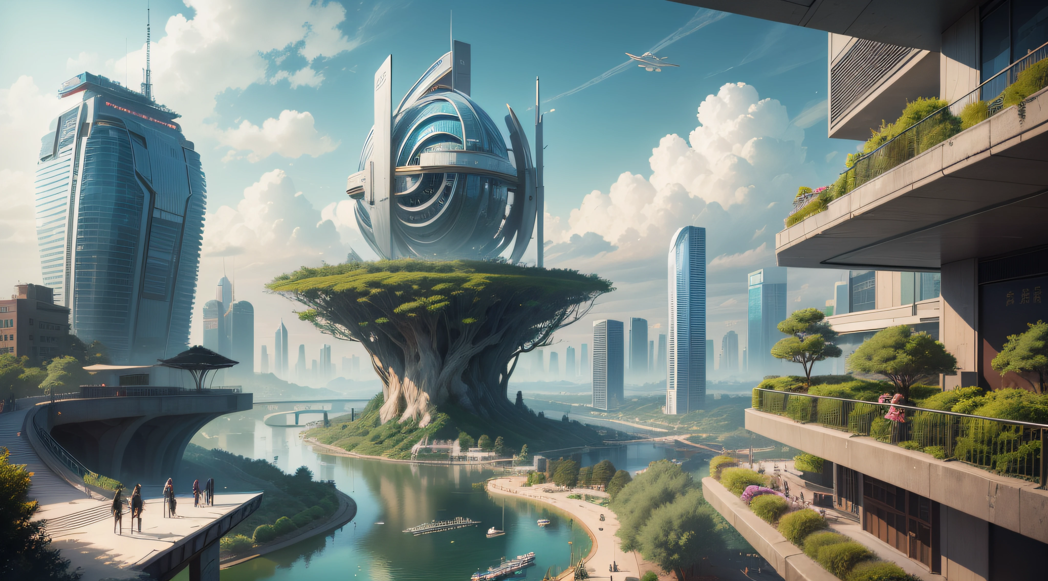 (top-quality,tmasterpiece,超A high resolution8K),(cyber punk perssonage,Cidade futuristica),(Dream, sfv),(epcot),(skyscrapper),{The Chinese courtyard blends with futuristic architecture}