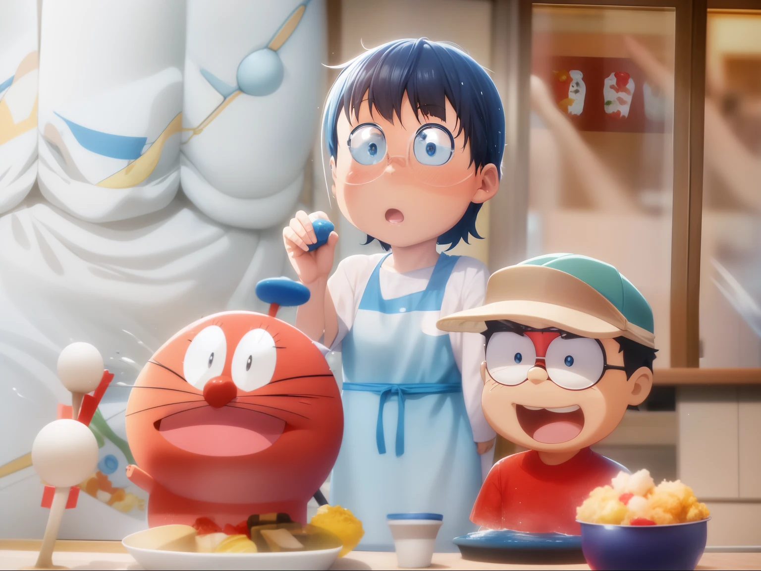 WATER SPLASH,Anime characters are posing in front of a food display, Doraemon, anime movie screenshot, Ghibli. Octane Render, today's featured anime still, anime film still, japanese animation, anime still, in the anime film, japanese animation style, pop japonisme 3 d ultra detailed, Still from TV anime, still from live action movie, Official Rendering