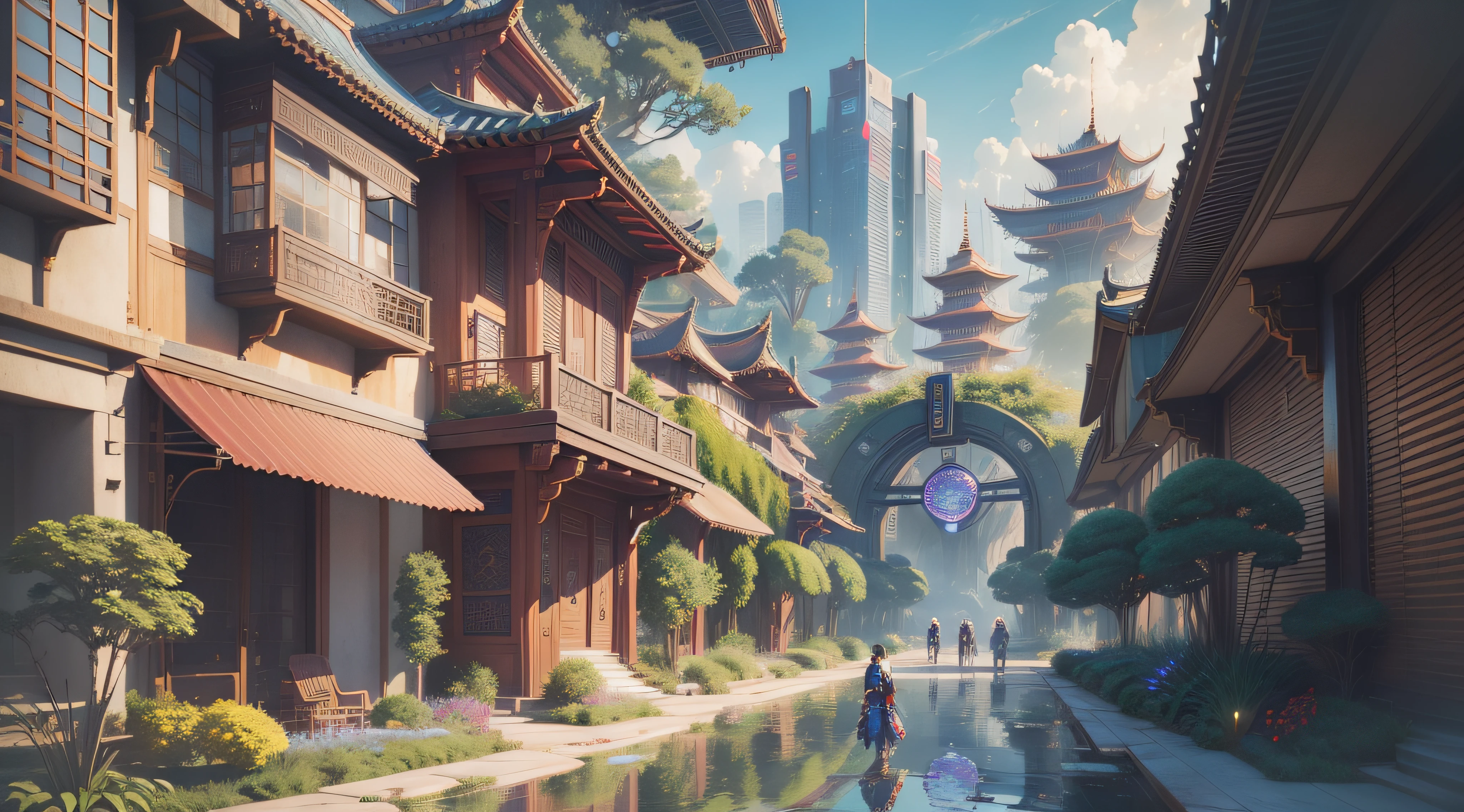 (top-quality,tmasterpiece,超A high resolution8K),(cyber punk perssonage,Cidade futuristica),(Dream, sfv),(epcot),(skyscrapper),{The Chinese courtyard blends with futuristic architecture}