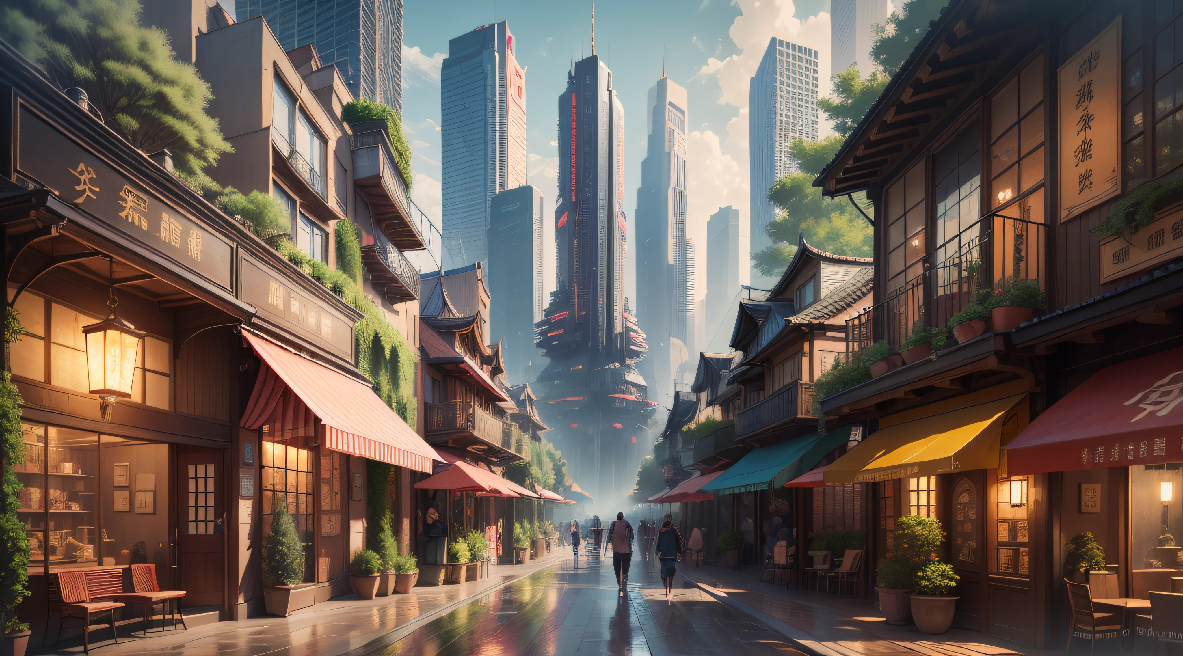 (top-quality,tmasterpiece,超A high resolution8K),(cyber punk perssonage,Cidade futuristica),(Dream, sfv),(epcot),(skyscrapper),{The Chinese courtyard blends with futuristic architecture}