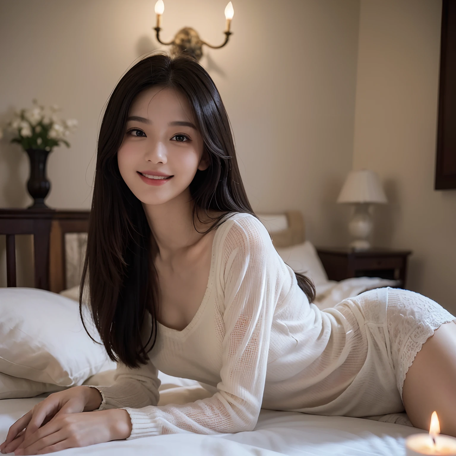 (RAW Photos:1.2), (Photorealsitic:1.4),(intricate detailes:1.2),(​masterpiece:1.3),(top-quality:1.4), (超A high resolution:1.2), Cinema Lights, 超A high resolution,(A detailed eye),(detailed facial features),(detailed clothes features), Sweaters, nffsw, 8K resolution, Look at the viewer, Skin Tight, (shinny skin),(Slender girl), dream-like, candles, Candlelight, white blossoms,Constriction, (Super detailed illustration), Bedrooms, straight haired, long, A dark-haired, Black eyes, 1 female, cute little, Innocence, (A smile), (innocent smiles), skinny, inside in room,kawaii pose