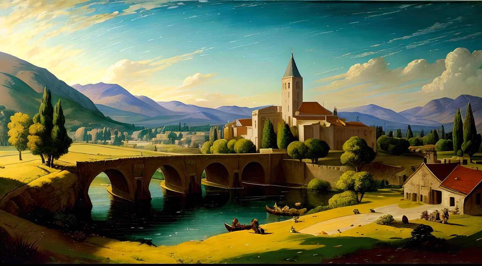 Cinematic landscape, cidade medieval, Medieval aesthetics, foco nítido, detalhes intrincados, altamente detalhado, profundidade de campo, foco nítido, High detail, impressionismo, Detailed oil painting, glazing, tenebrismo, Scumbling, oil painting, Estilo barroco, por Rembrandt, Por Artemisia Gentileschi