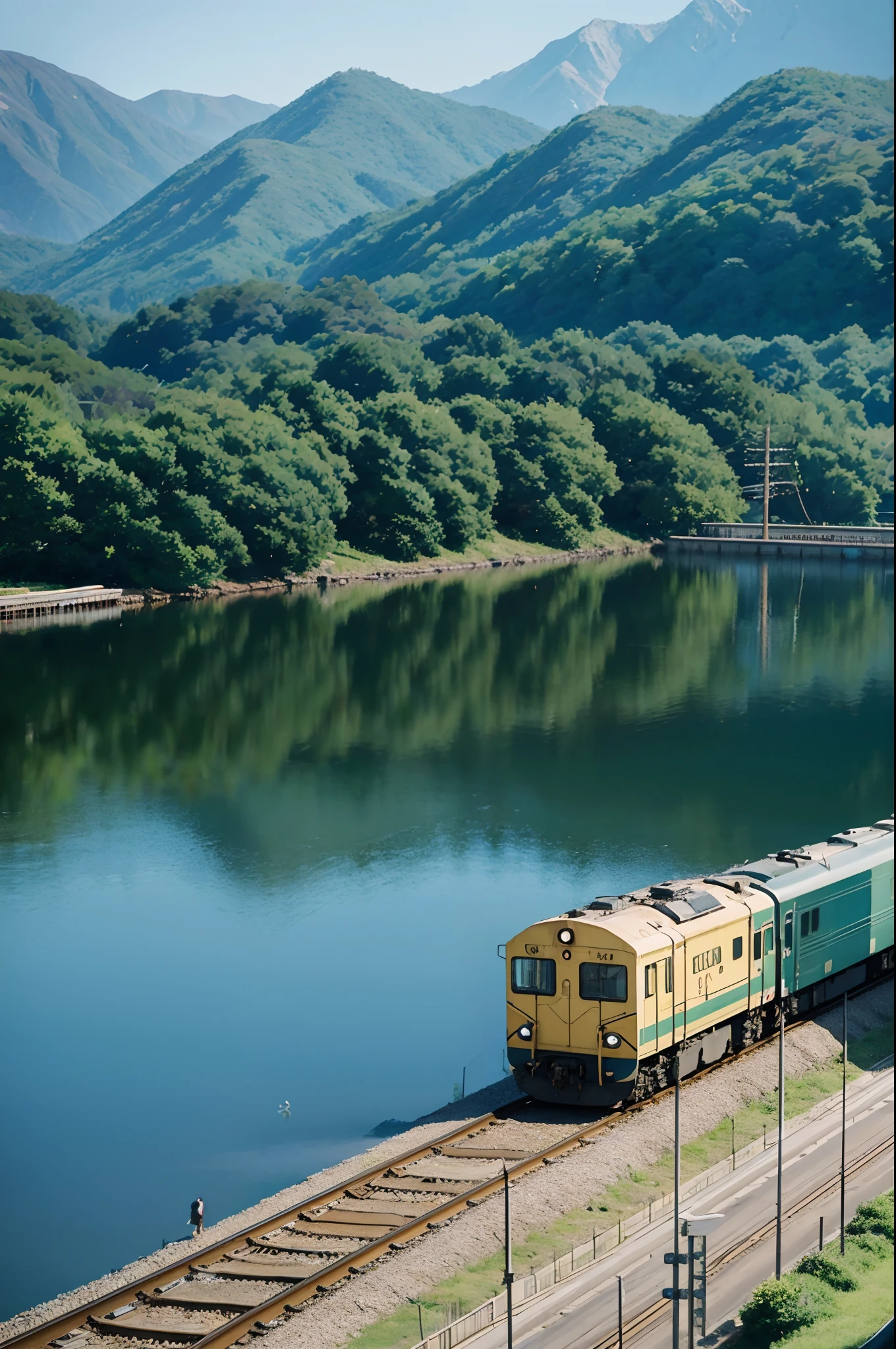 Anime train on tracks through body of water, image by Makoto Shinkai, pixiv, concept art, lofi art style, reflection. Enhanced detail, perfect picture quality. by makoto shinkai, lofi art, beautiful anime scenes, anime scenery, detailed scenery—width 672, in style of makoto shinkai, style of makoto shinkai