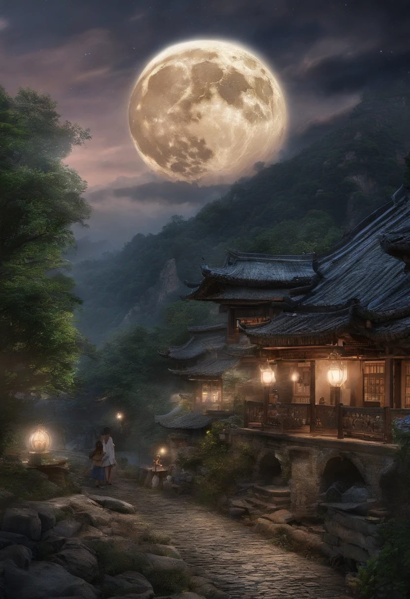 In the night，moon full，Silver moonlight illuminates the earth，Fantastical Atmosphere,A courtyard with tables,The house near the courtyard is low，Wine and mooncakes on the table，The family of three sat around a table，Outside the courtyard is the village，Mountains in the distance，The moon hangs halfway up the mountain