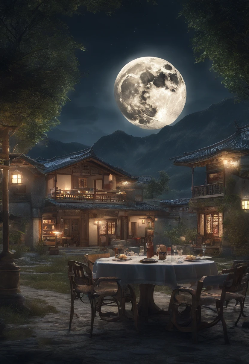 In the night,moon full,Silver moonlight illuminates the earth,Fantastical Atmosphere,A courtyard with tables,The house near the courtyard is low,Wine and mooncakes on the table,The family of three sat around a table,Outside the courtyard is the village,Mountains in the distance,The moon hangs halfway up the mountain