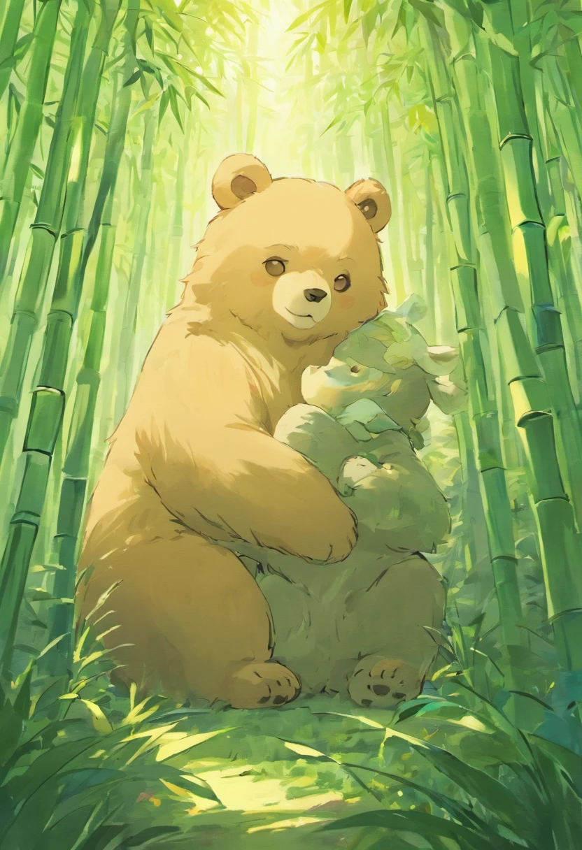 an adorable fluffy bear cub, in a sunny bamboo forest glade, warm lighting filtering through the leaves,. Detailed fur texturing, Peaceful natural mood, Gentle lighting. Traditional watercolor style. ●AR4:5 - s 400 - 虹5