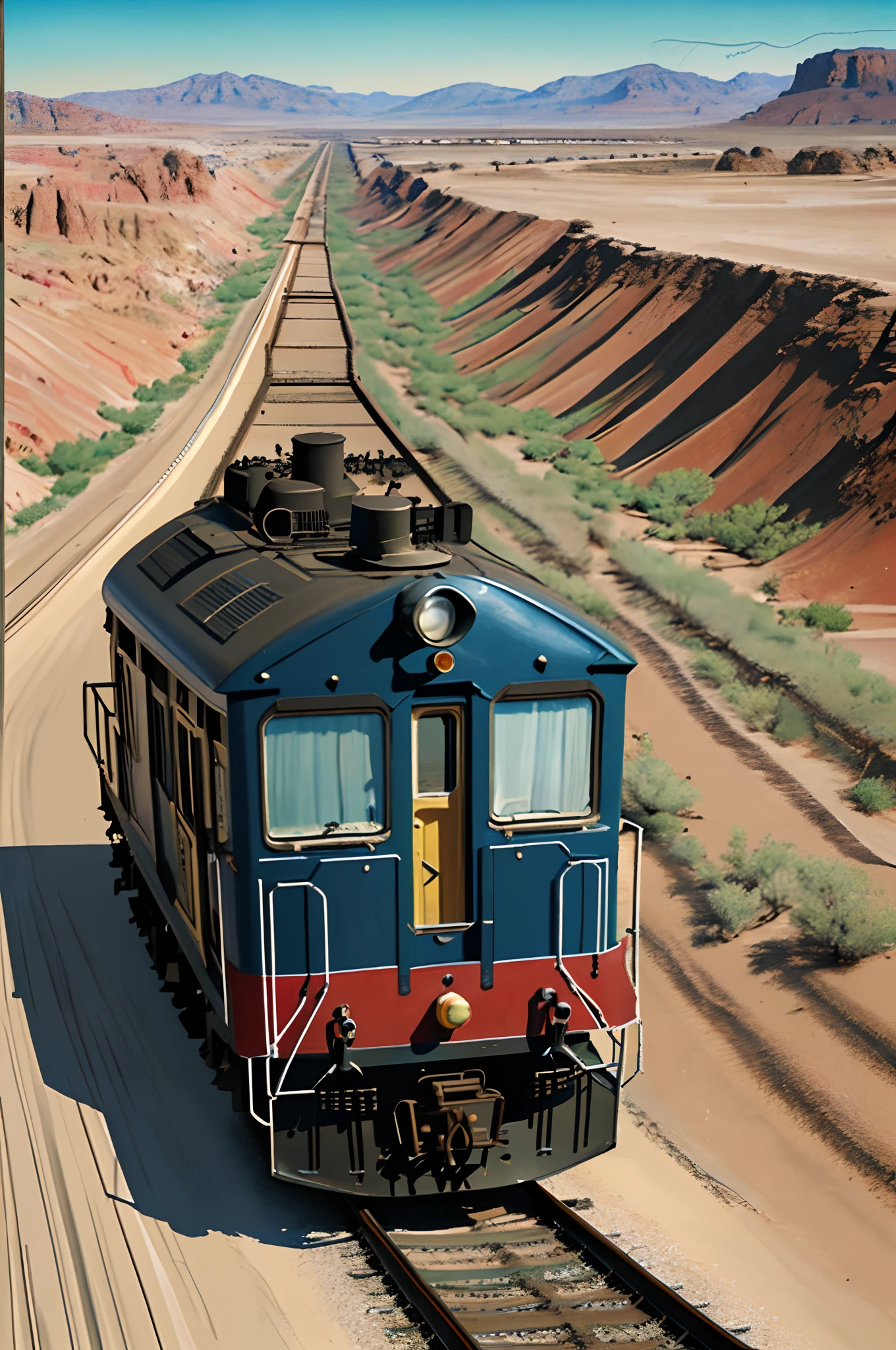 A painting of a train driving through a desert town, Highly detailed illustration, concept art highly detailed, Overly detailed art,Highly detailed 4K art, author：Li Zai