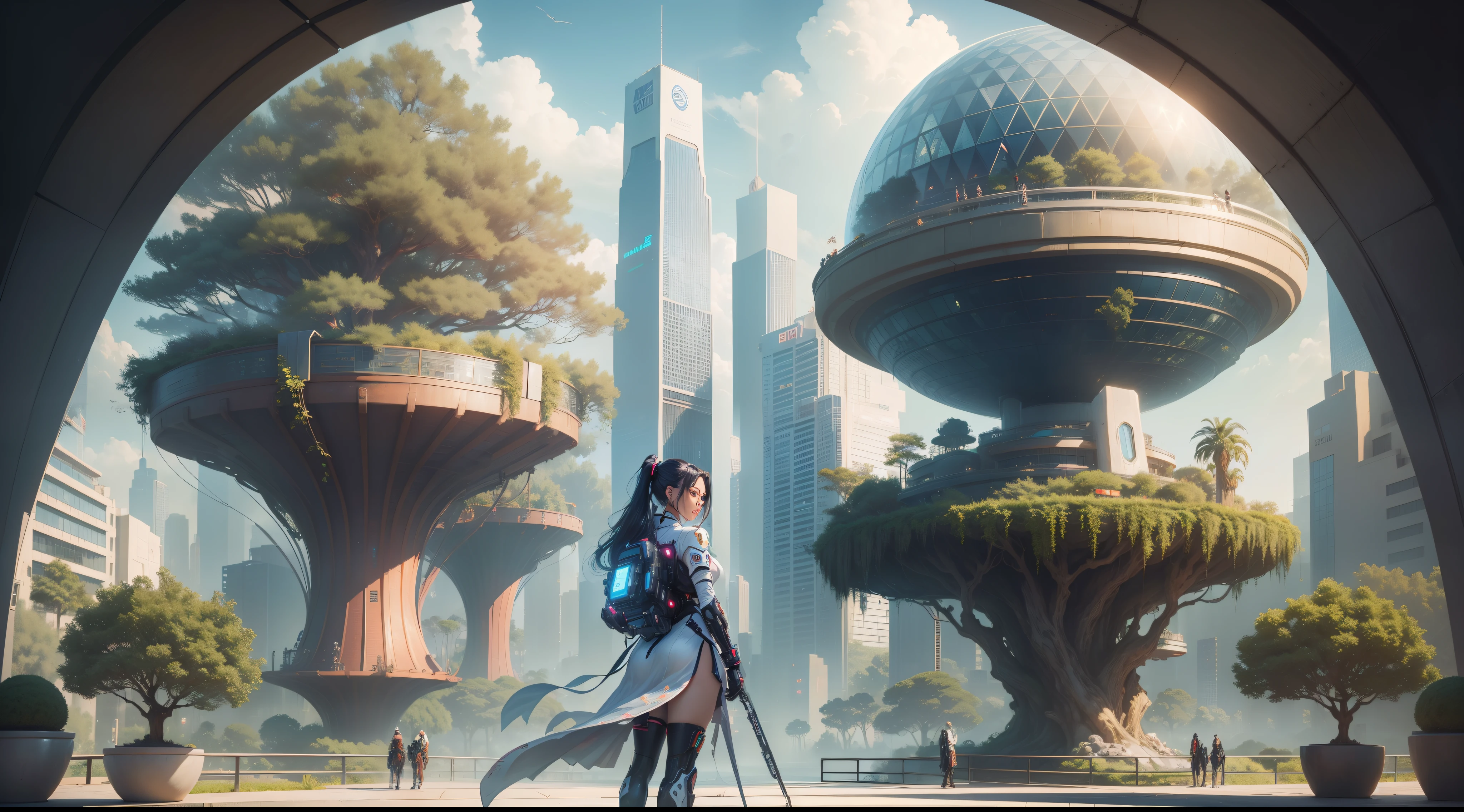 (top-quality,tmasterpiece,超A high resolution8K),(cyber punk perssonage,Cidade futuristica),(Dream, sfv),(epcot),(skyscrapper),{The Chinese courtyard blends with futuristic architecture}