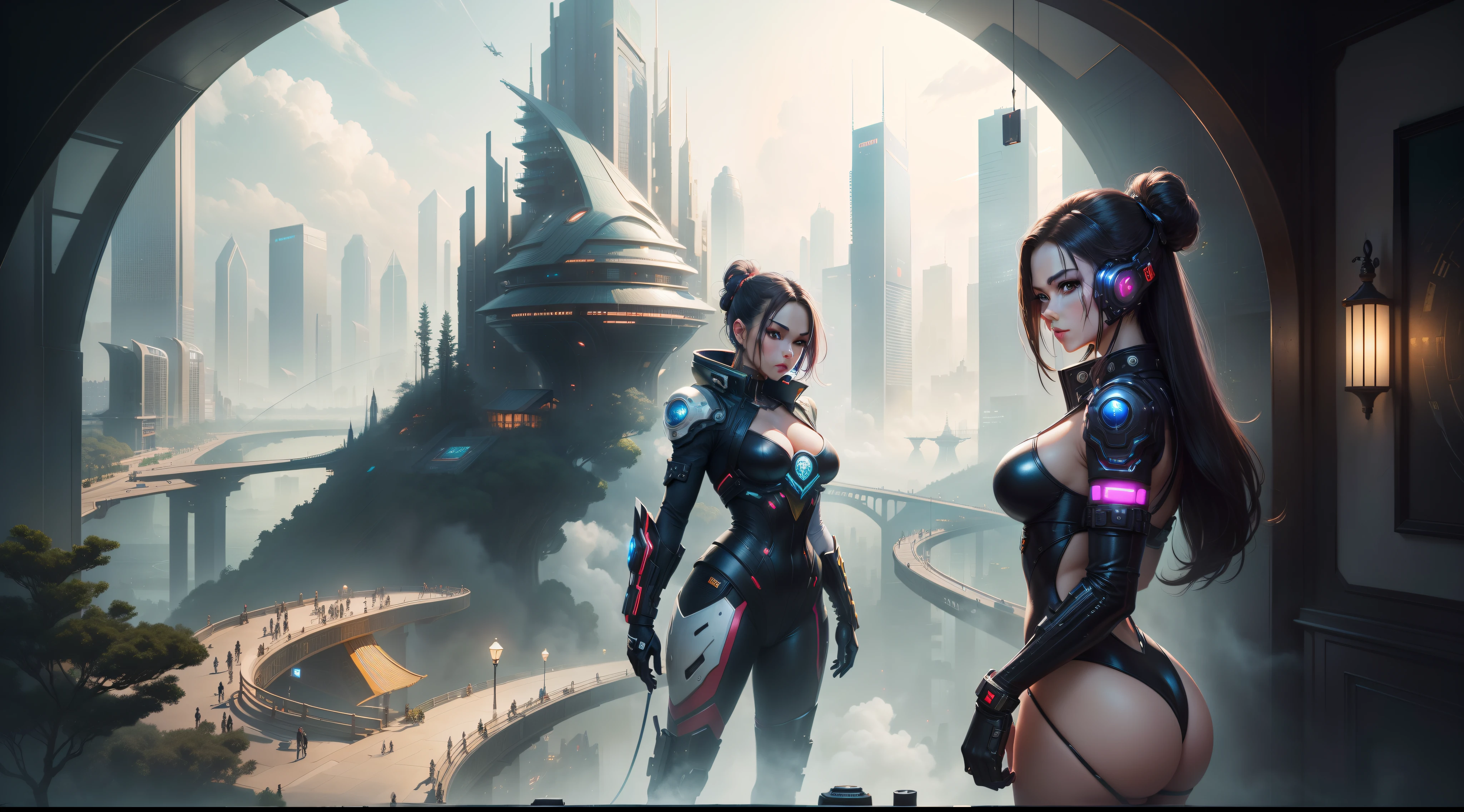 (top-quality,tmasterpiece,超A high resolution8K),(cyber punk perssonage,Cidade futuristica),(Dream, sfv),(epcot),(skyscrapper),{The Chinese courtyard blends with futuristic architecture}