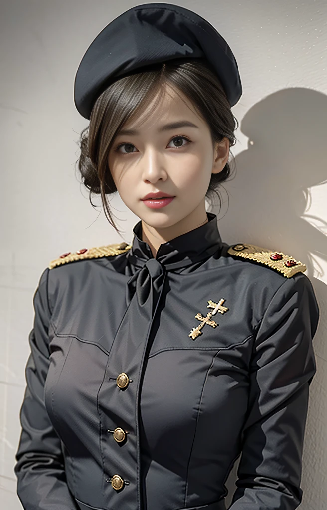 Highest image quality, outstanding details, ultra-high resolution, (realism: 1.4), ((close up:0.55)), the best illustration, favor details, highly condensed 1lady, 40 years old, with beautiful and a delicate face, perfect proportion, (straight standing, chubby:0.4), ((short-hair, updo-style)), (salute, straight standing, chubby:0.2), (wearing manner military uniform and military beret), captain, background simple grey wall,