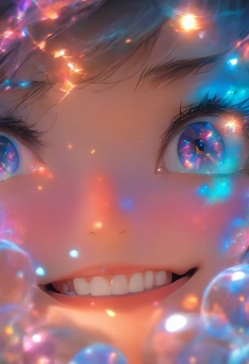 1girll,(enchanced quality:1.4),(Top quality true texture skin), Delicate face,Black hair, Gradient hair, Petite body,(perfect bodies:1.1), There are precious stones on the forehead, rimless eyewears, Sparkling pupils,long eyelasher,grin, hyper photorealism, Cinematic lighting, projected inset, surrealism, hyper HD, Masterpiece, 16k,Lie down,dream on,Wear transparent silk pajamas,Carmelto,Legs slightly open,Tattooed with,Fantasy space,Luxurious space