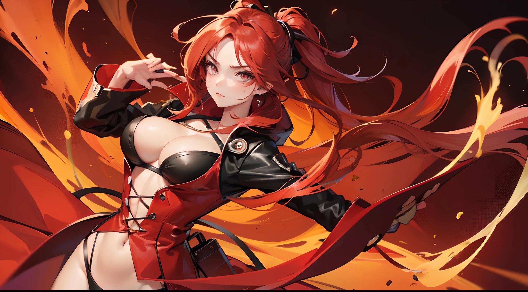 1girl, model girl, looking at the viewer, pouting face, crimson messy hair, perfect face, perfect body structure, wearing red blouse, fiery background, cool anime, seductive anime art, highly detailed, 4k, digital art