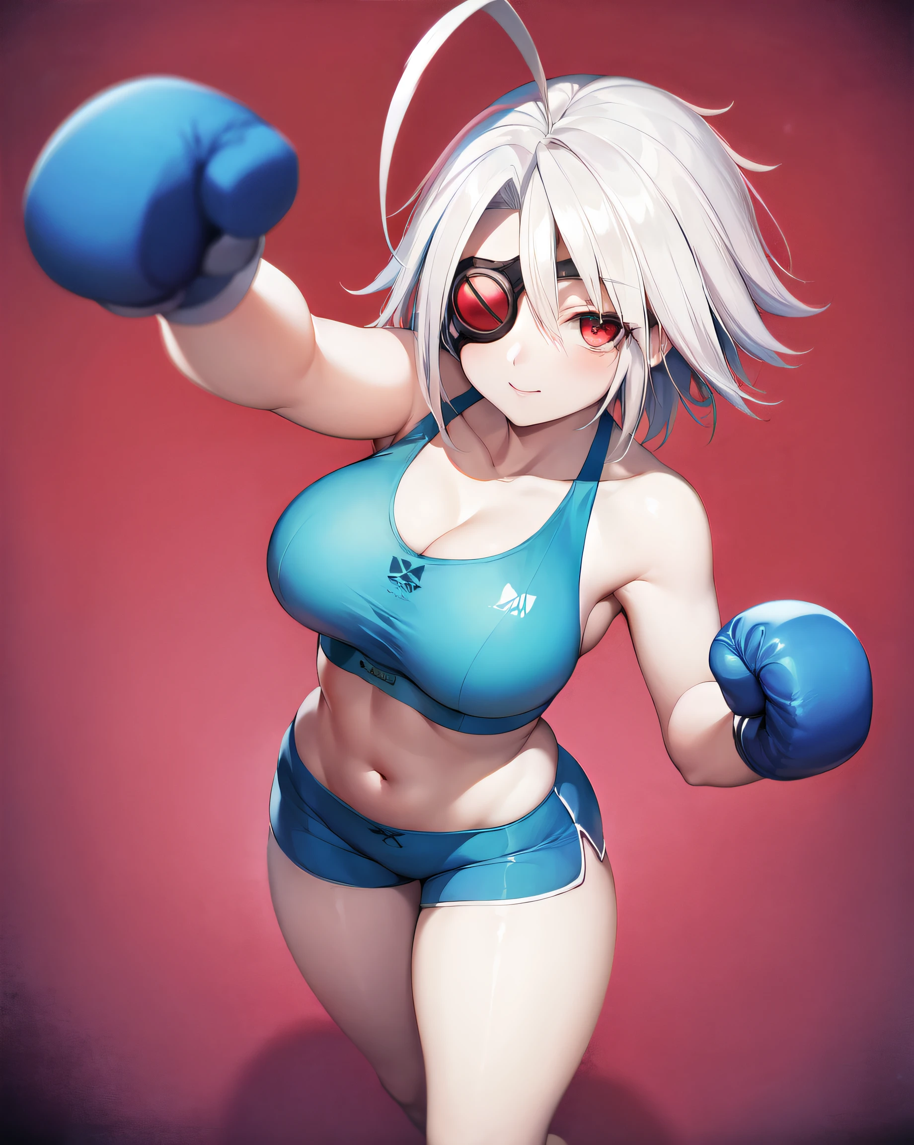 (best quality, highres, masterpiece:1.2), 1girl, solo, nu-13, white hair, red eyes, eyepatch, ahoge, single braid, braid, pale skin, shorts, sports bra, thick thighs, pink background, simple background, best shadows, detailed eyes, nail polish, punch, punching, boxing pose, gloves, from front, detailed face, standing, motion lines, motion blur,