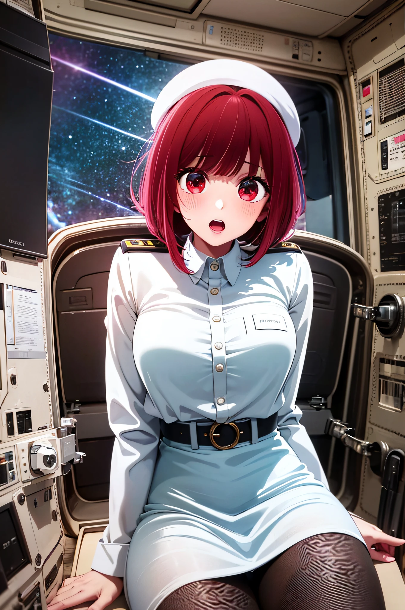 masterpiece, best quality, highres, 1girl, solo, (black_pantyhose:1.1), military uniform, military, makeup, white shirt, white skirt, tight skirt, sitting, upper body, cockpit, space, open mouth,red hair, red eyes