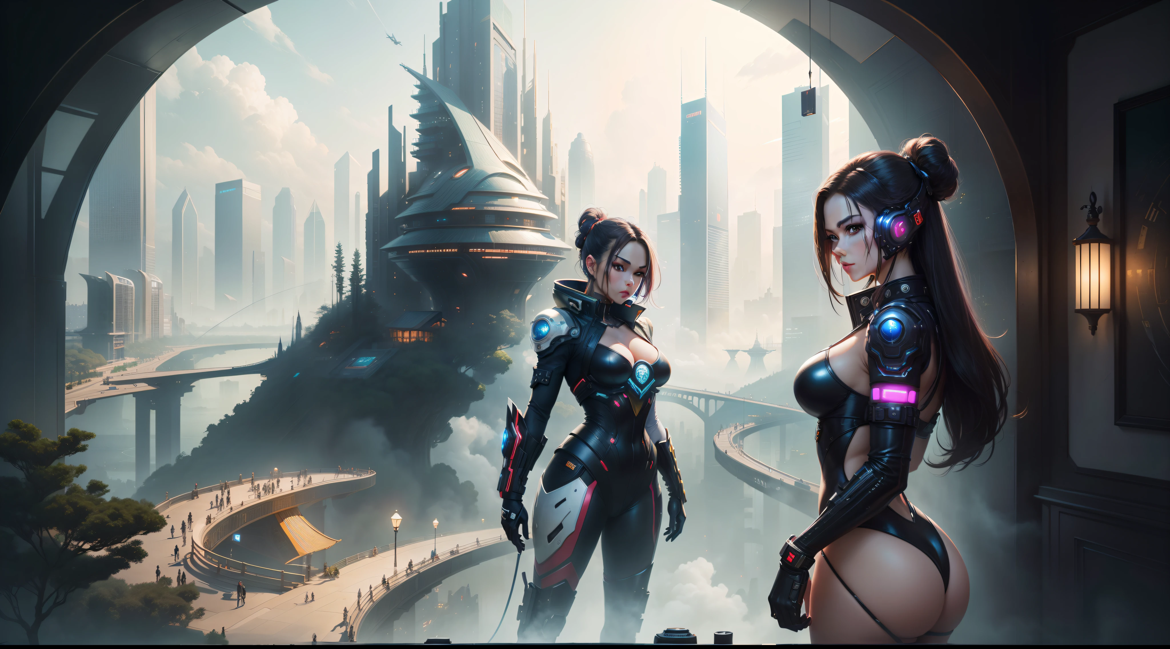 (top-quality,tmasterpiece,超A high resolution8K),(cyber punk perssonage,Cidade futuristica),(Dream, sfv),(epcot),(skyscrapper),{The Chinese courtyard blends with futuristic architecture}