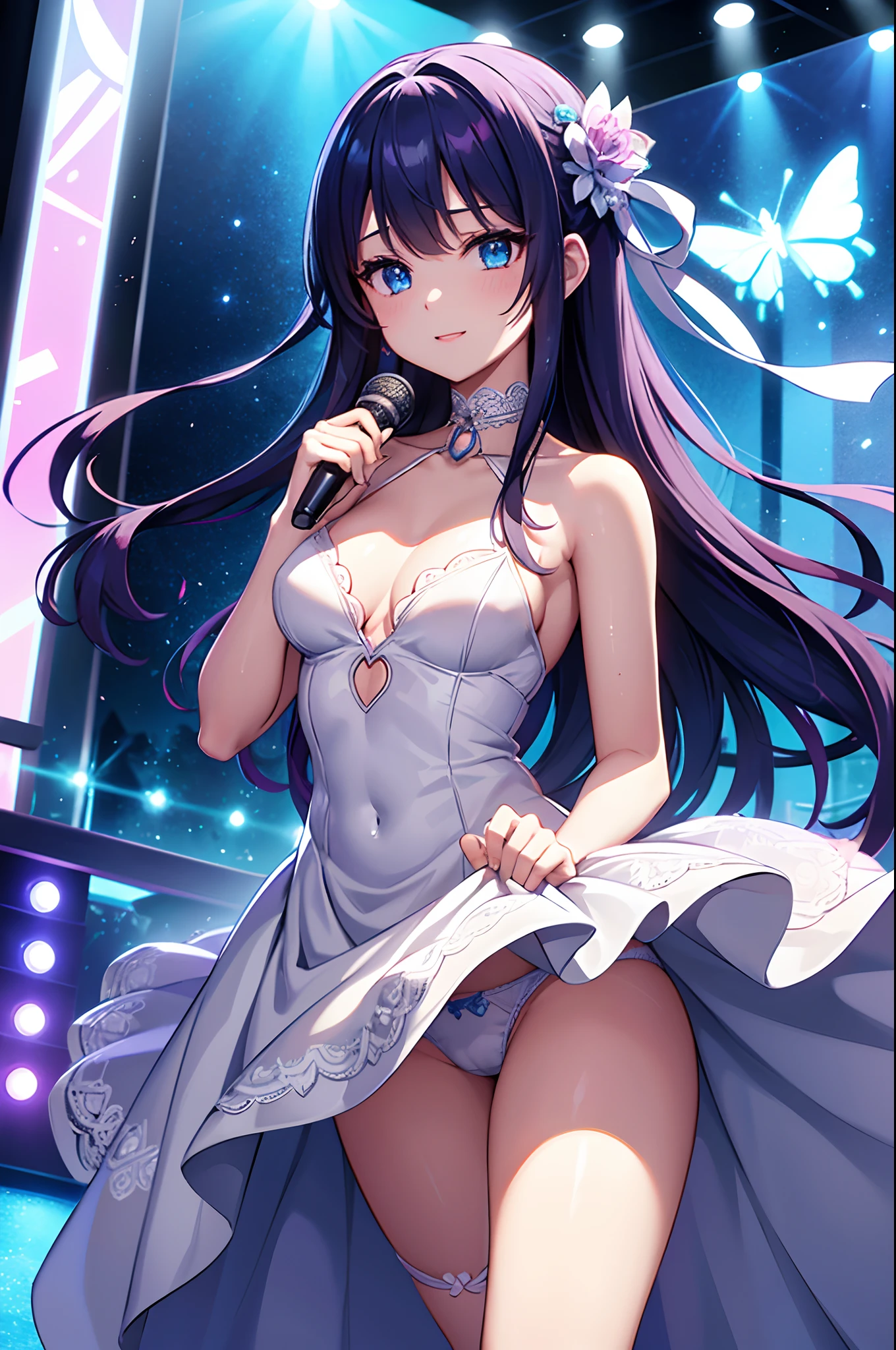 illustratio、Cinematic Light、hight resolution、best qualtiy、ultra-detailliert、A detailed face、top-quality、ultra-detailliert、​masterpiece、(详细的脸)、Clean face、The best smile、Idol in white and red goth lory costume、Light blue long hair、Twin-tailed、Ultra-detailed embroidery、cloths、a choker、high-heels、blue eyess、Neon small shiny hair ends、D-cups、cleavage of the breast、(AI Fantasy Concert)、Shining lighting with neon details、Idol、Hold the microphone with your left hand and sing、(Packed audience in the background)、 light reflections、Heart-shaped iris、playful eyes、Open shoulders、(a wet body)、Small glowing butterfly、Hair Jewelry、pantiy、Lace panties