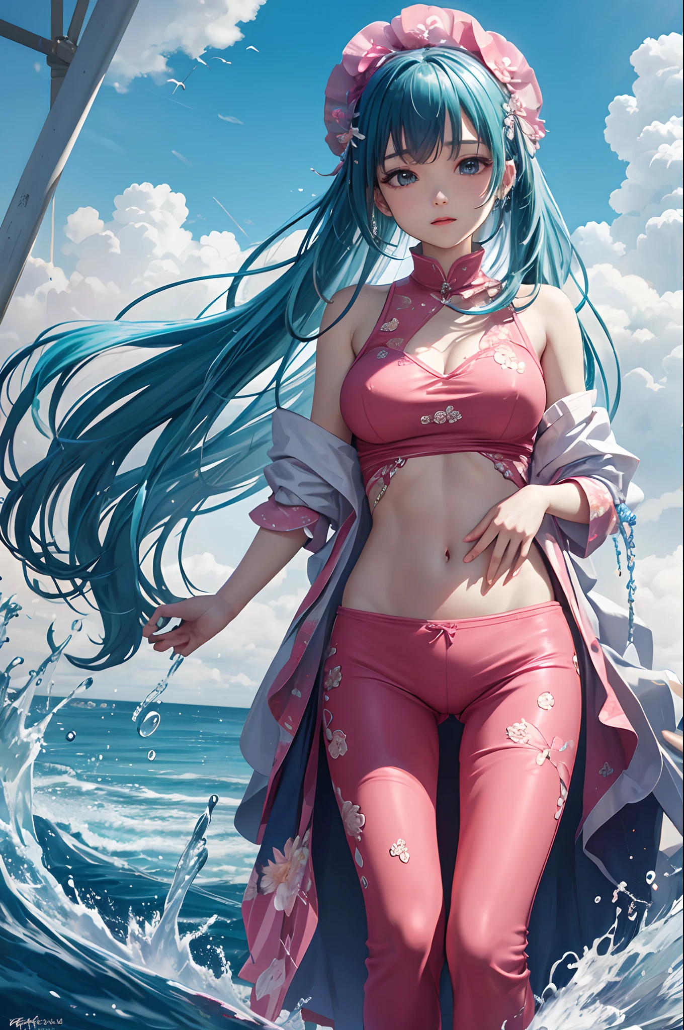 (​masterpiece、top-quality、Official art:1.2)、(colourfull)、miku hatsune、see the beholder、1girl in、portlate、独奏、Colorful water levitation、Lying girl、realisticlying、She wears long pants、Wearing pink pajamas、Cute、A sexy、a navel、accessorized、Correct anatomy、细致背景、