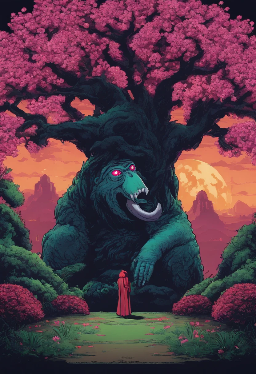 NOFACE from spirited away faceing off with giant fluro ultraviolet and pink glowing coloured strange mutantslothmonster with red and green tentacles coming out ov its face boss monster with mini cherry blossom trees and blue willow trees on it head with a spotted giant gonatodes ocellatus spikeing out like supersaiyan goku dynamic 8bit pixel 80s style video game