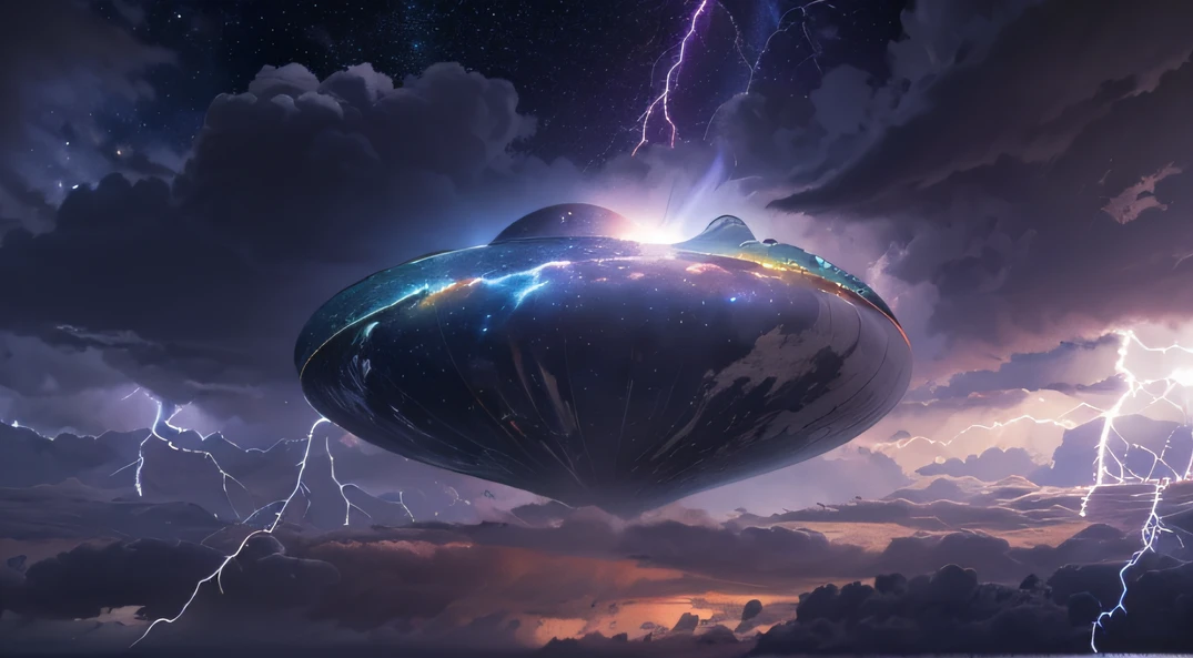 Giant teardrop-shaped crystal cosmic elliptical ship,blasts,Fragmentation,Skysky,dark stormy clouds,Sky full of lightning, It will be a thunderstorm,