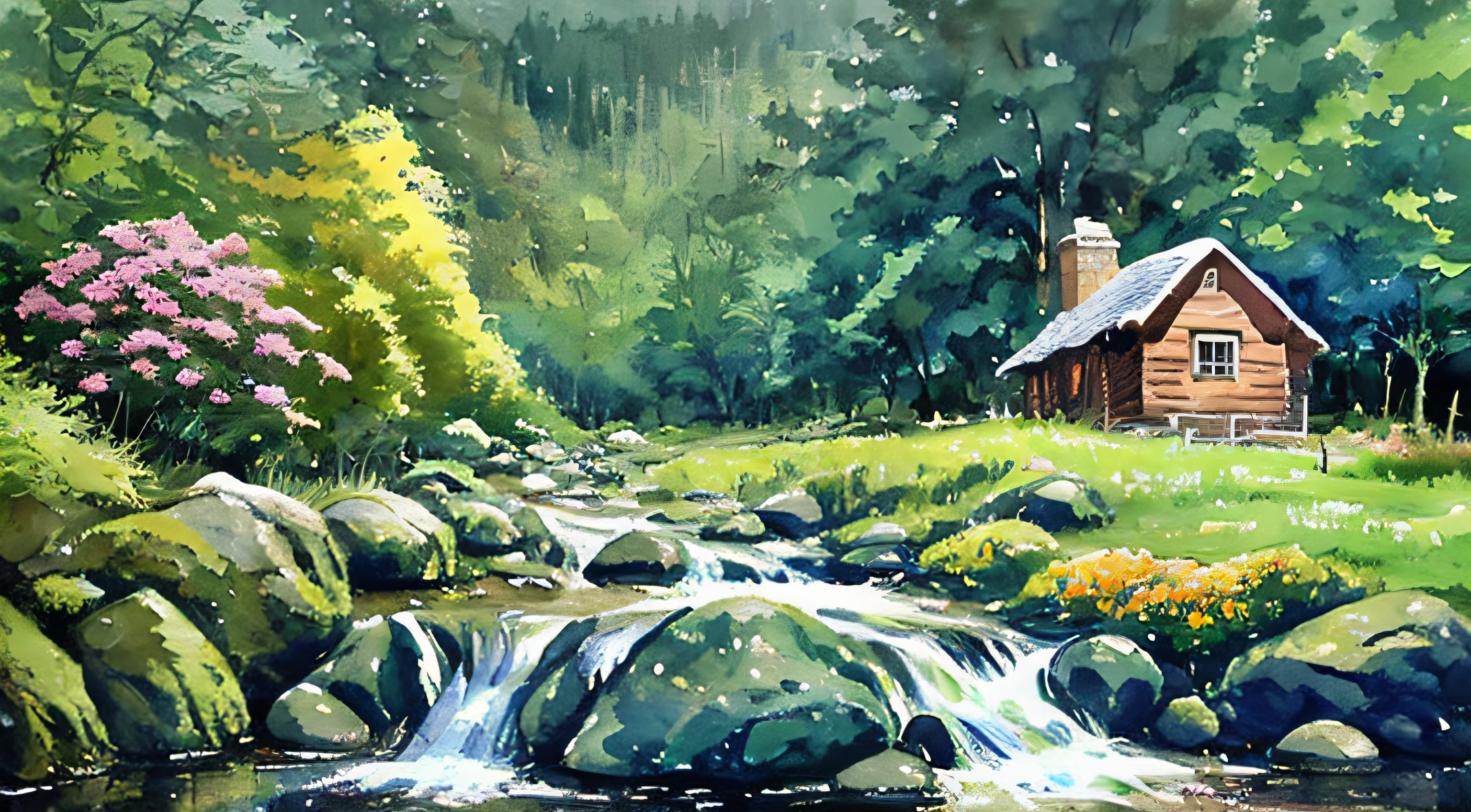 painting of a cabin in a mountain stream with a waterfall, children play around cabin,  4 k watercolor painting, beautiful painting, 4 k, cottage in the forest, beautiful watercolor painting on paper, beautiful digital painting, smooth oil painting, beautiful art uhd 4 k, 8 k hd detailed oil painting, oil digital painting, Inspired by Thomas Kinkade.