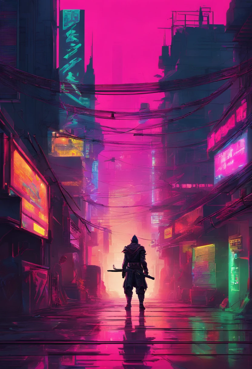 In a neon-drenched alley of a cyberpunk city, a lone cyber-samurai stands beneath flickering holographic billboards. Their crimson cyberware gleams, and a holographic katana hums with energy as they prepare for a duel with an unseen adversary
