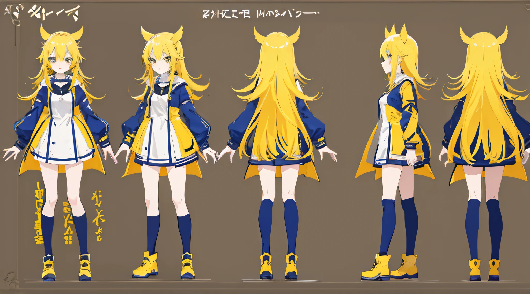 anime girl with yellow hair, t-pose, character design sheet, different angles