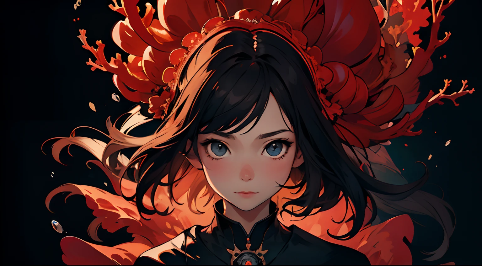 (masterpiece:1.0), (highest quality:1.12), (HDR:1.0), a girl, illustration, cover art, (black:1.2), (portrait), coral background, splash, (animal ear fluff:0.7)